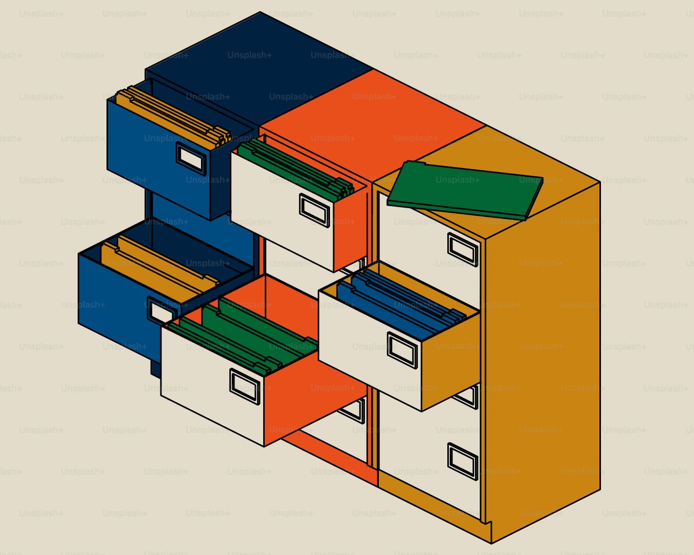 Colorful filing cabinets with open drawers and files