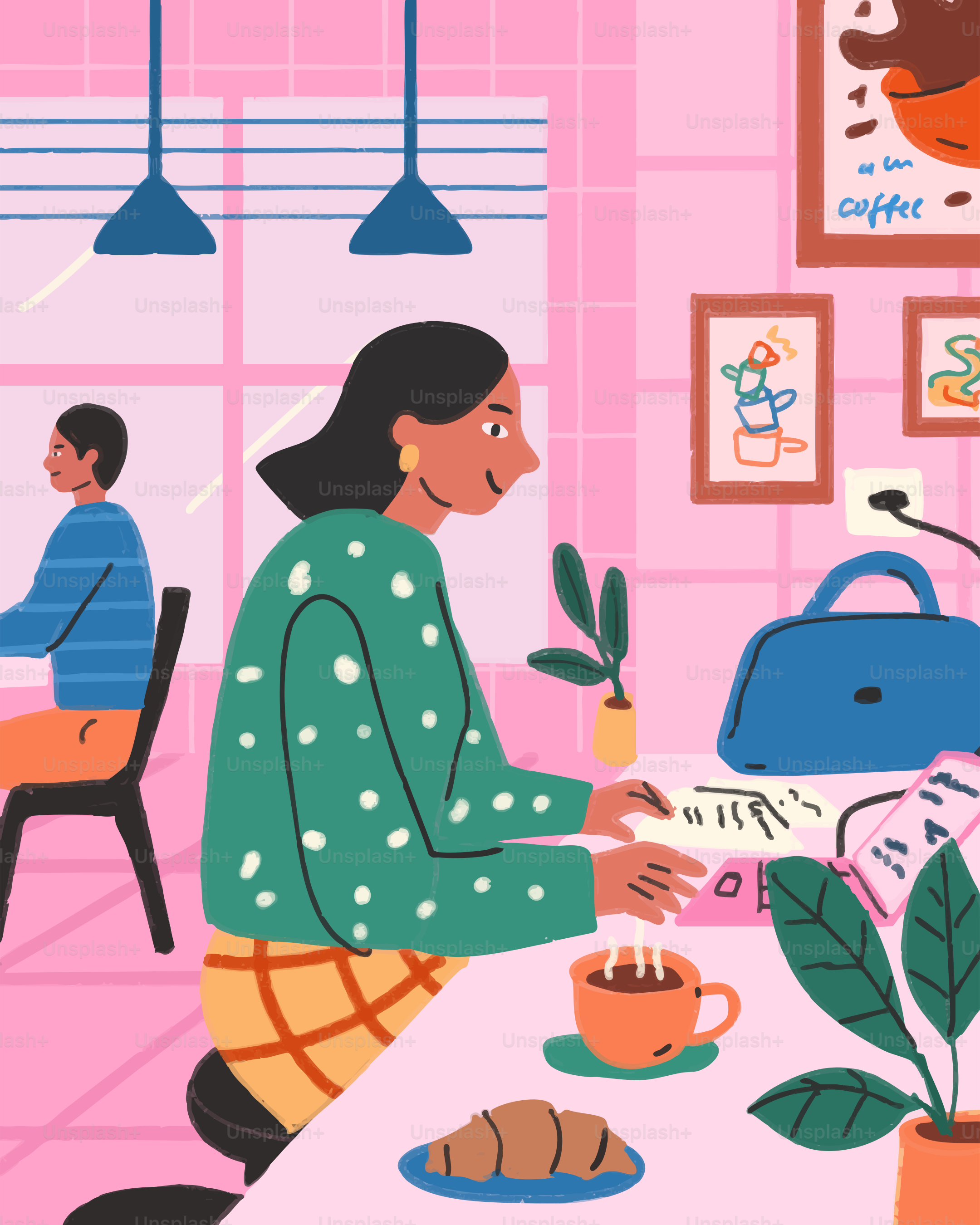 Mulher trabalhando no laptop em café com café e croissant