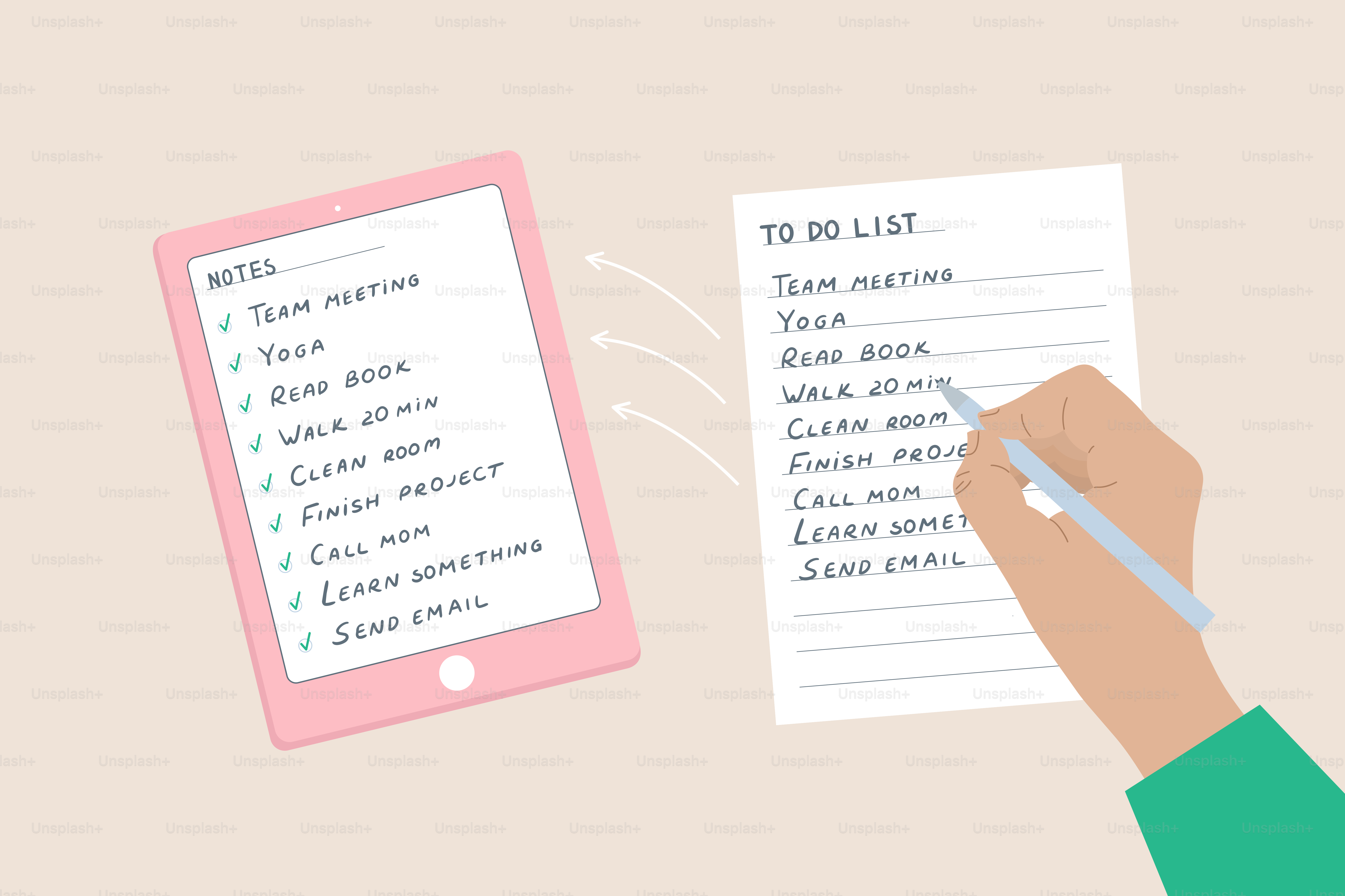 Escribir a mano la lista de tareas a partir de notas de la tableta