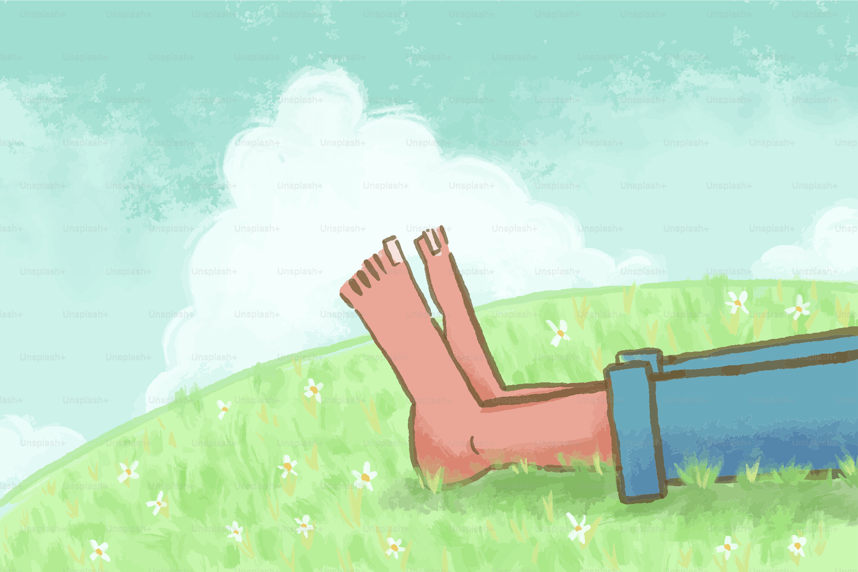 Pés descalços descansando em uma colina gramada com flores.