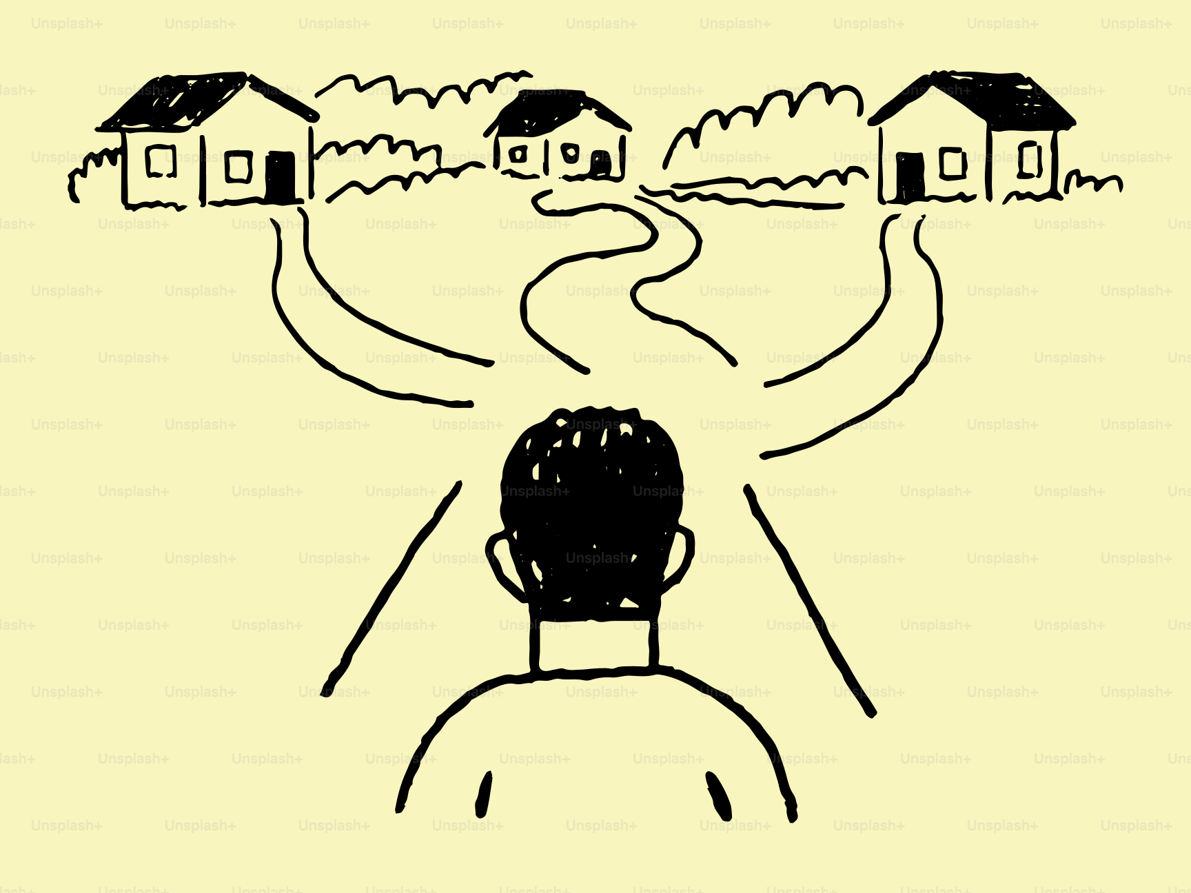 Pessoa na encruzilhada com três casas à frente