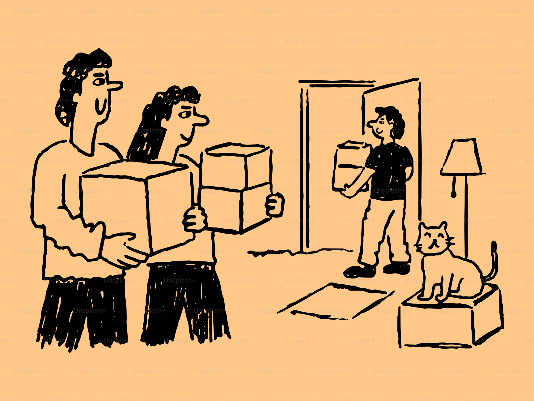 Family carrying boxes into a new home with a cat.