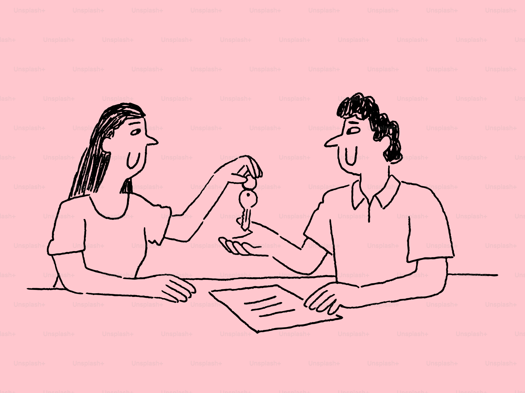 Mulher entregando chaves para o homem por cima da mesa.