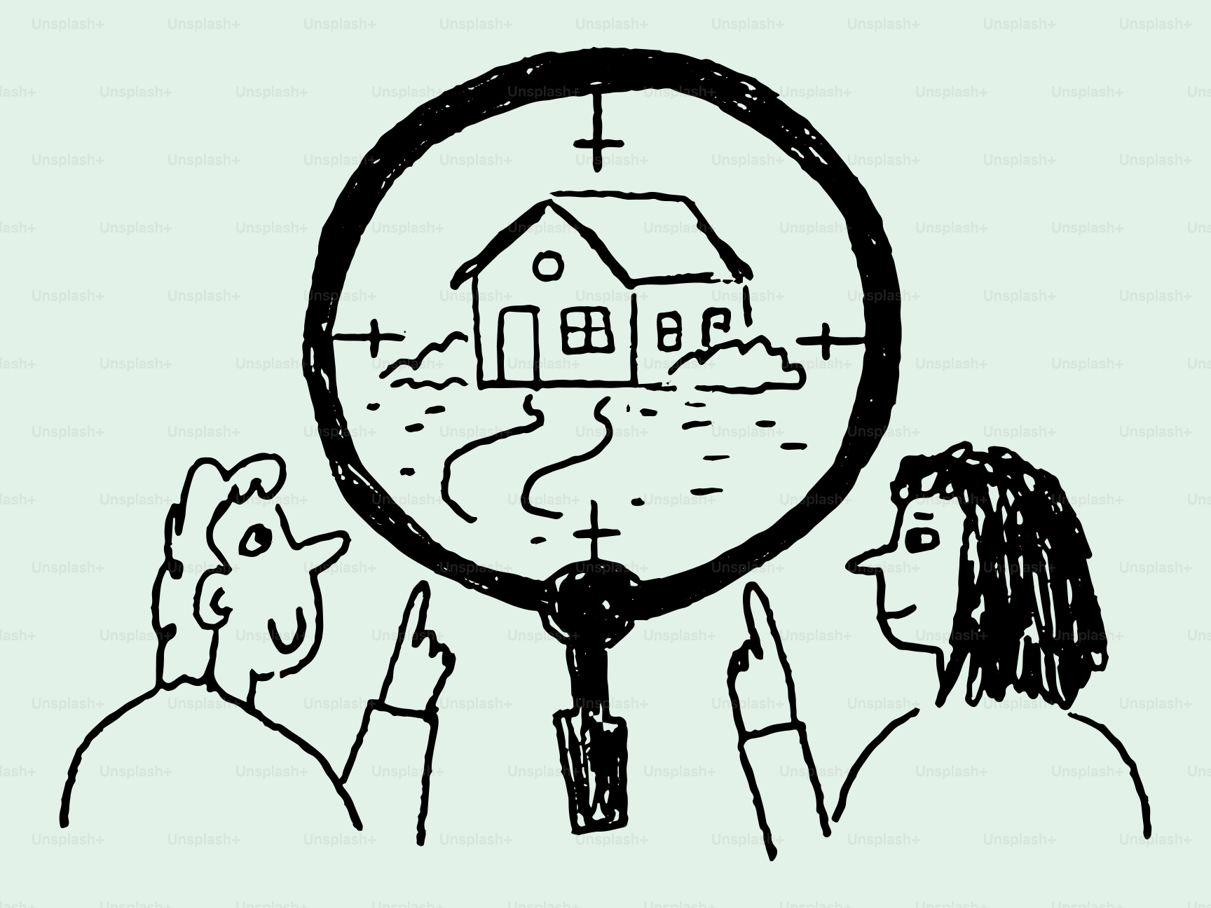 Duas pessoas olhando para uma casa através de uma lupa.