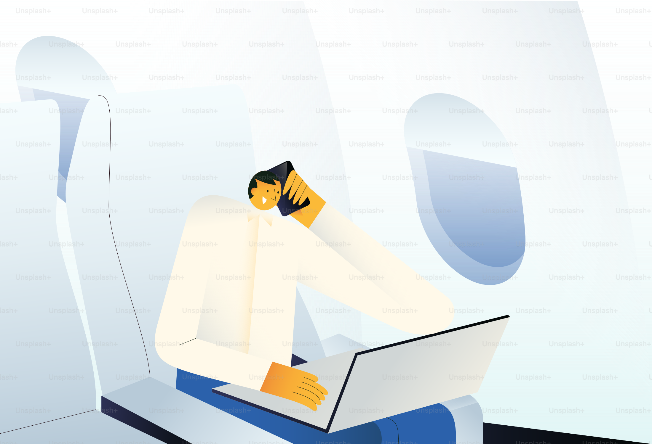 Person, die am Laptop in der Flugzeugkabine arbeitet