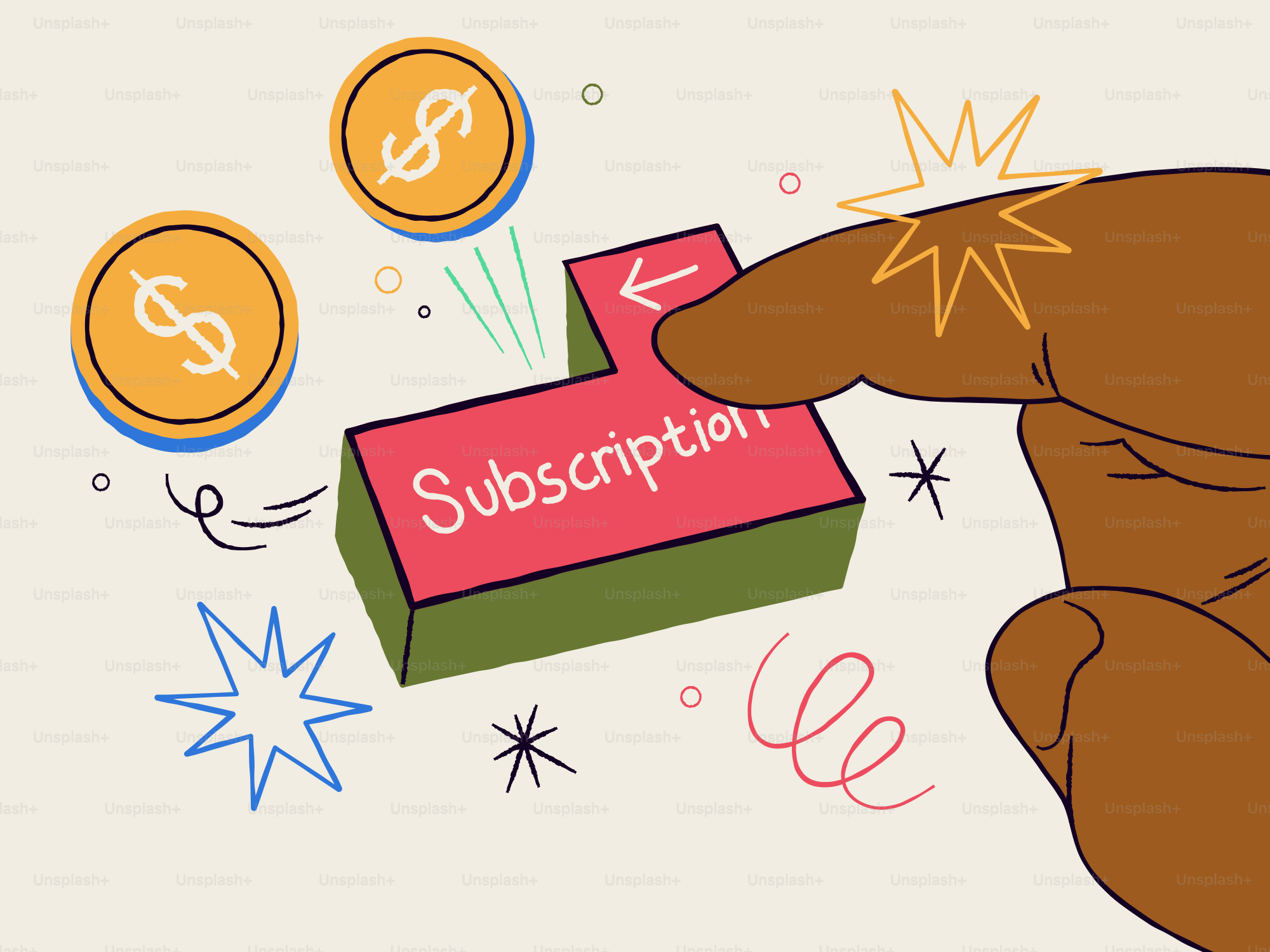 Pulsar el botón de suscripción con la mano y las monedas caen