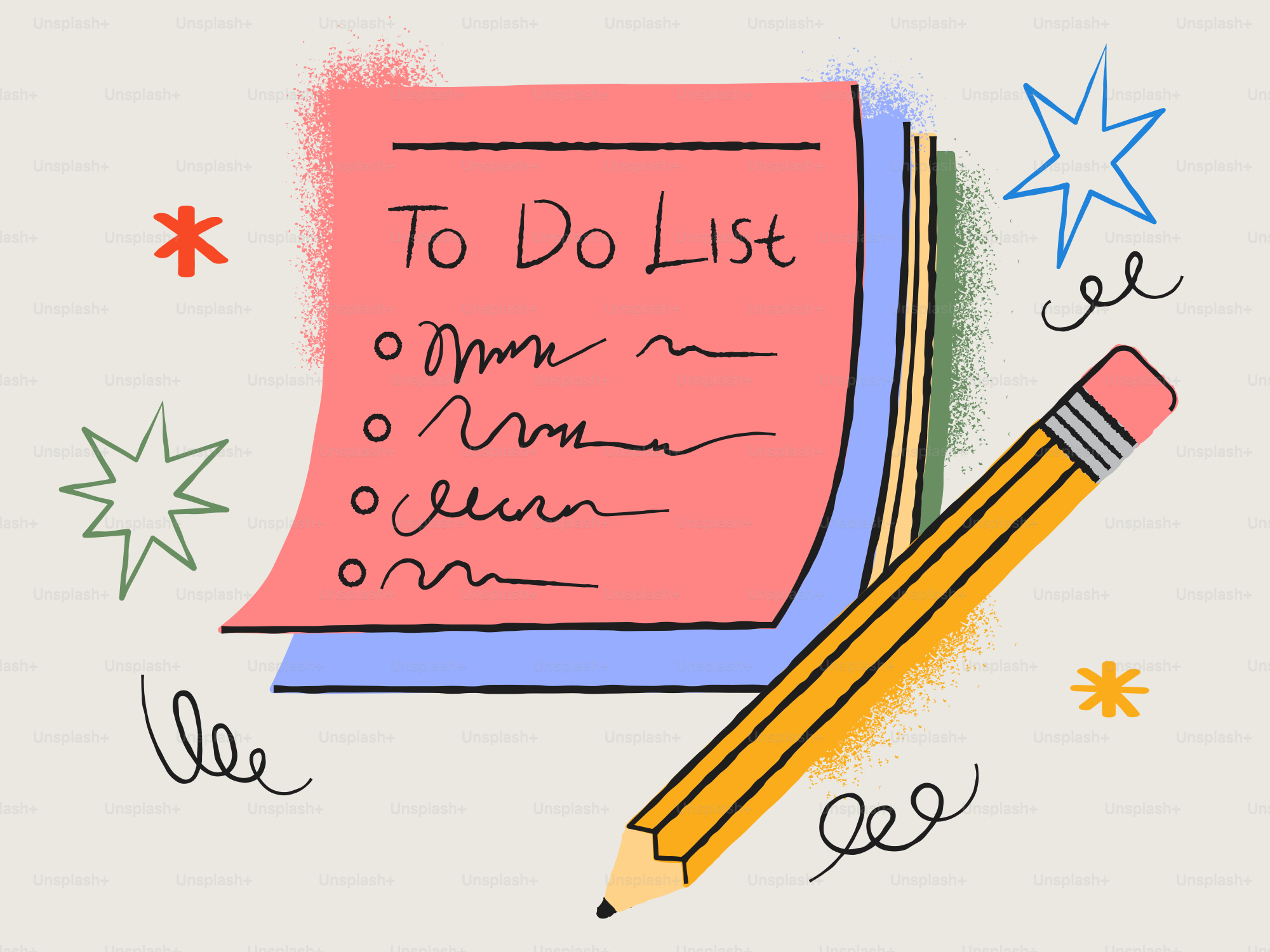 Una lista de tareas con un lápiz y estrellas.