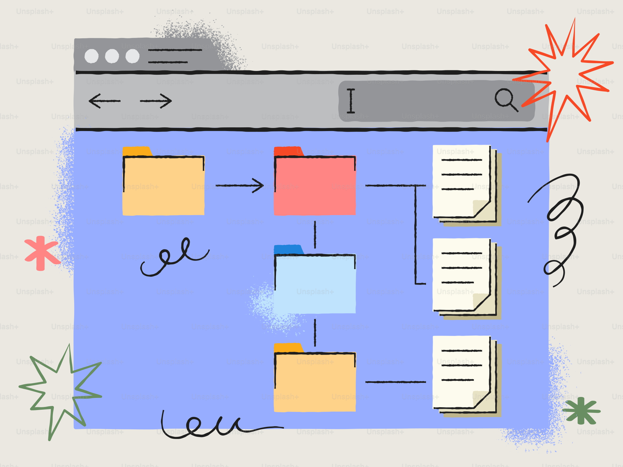 Organización digital de archivos con carpetas y documentos