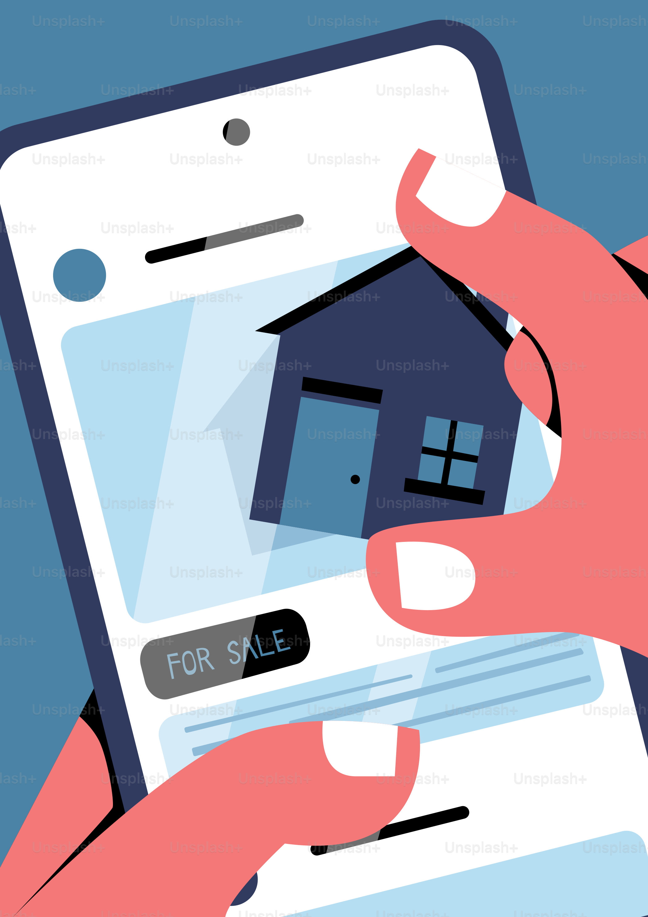 Hands holding smartphone showing house for sale.