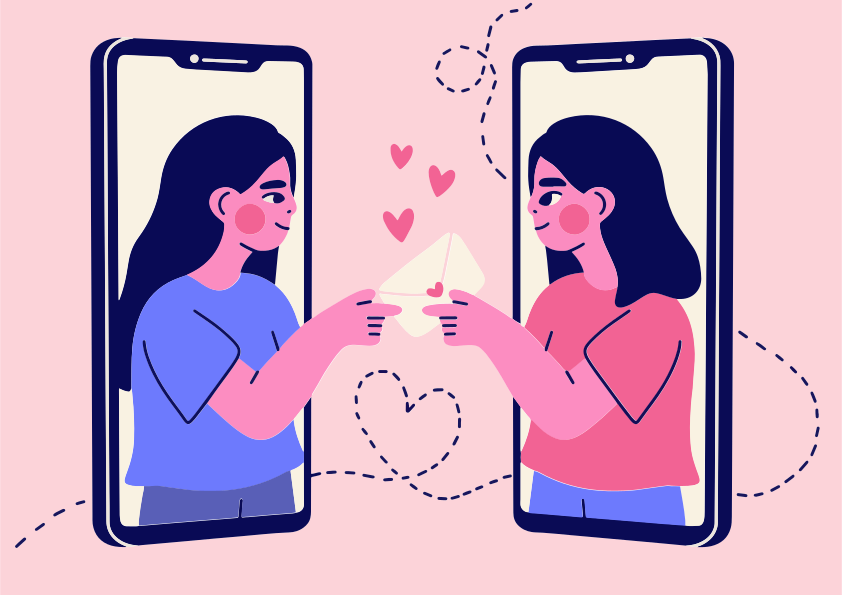Two women sending love letters through phones