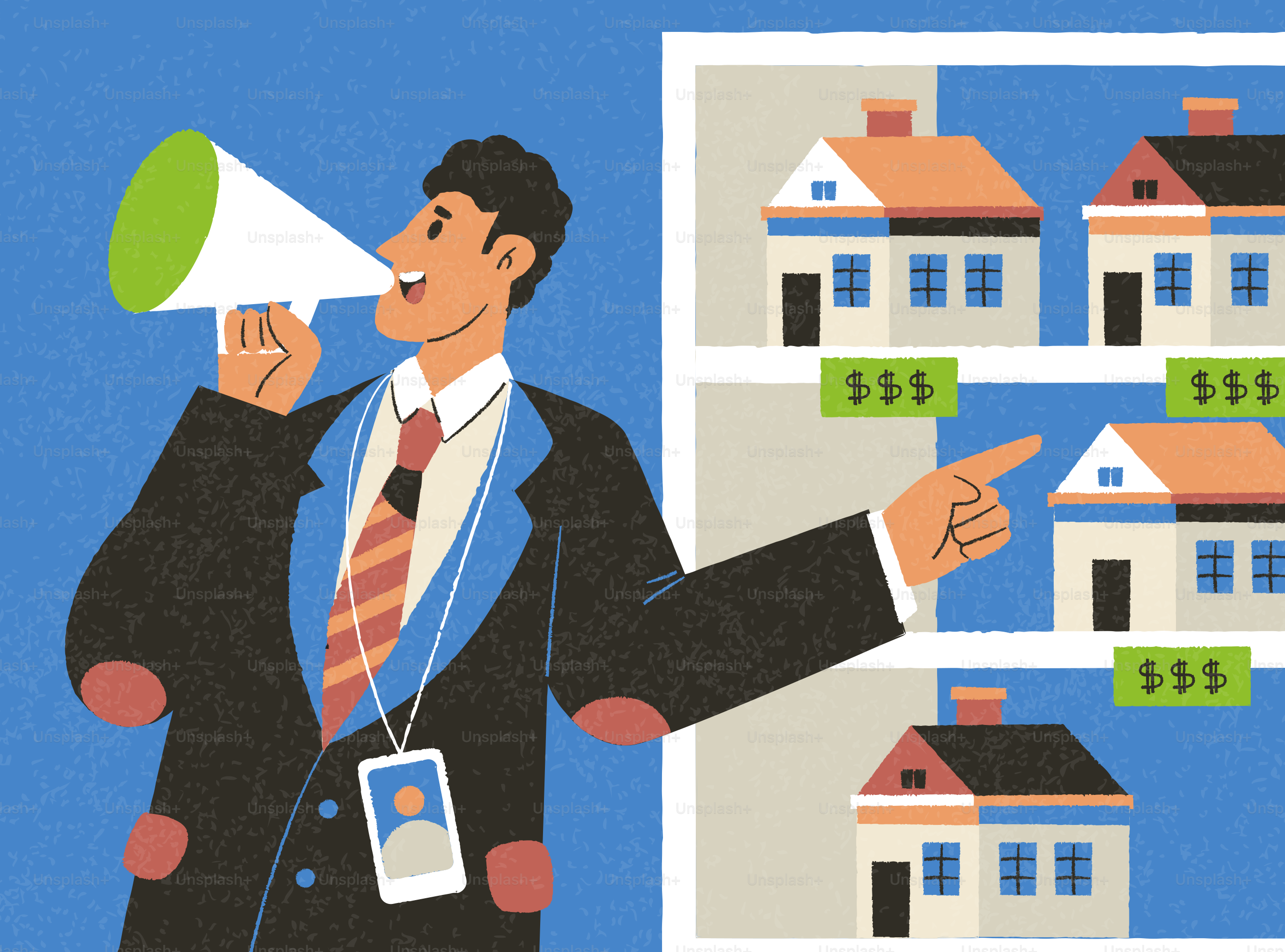 L'uomo con il megafono punta le case in vendita.