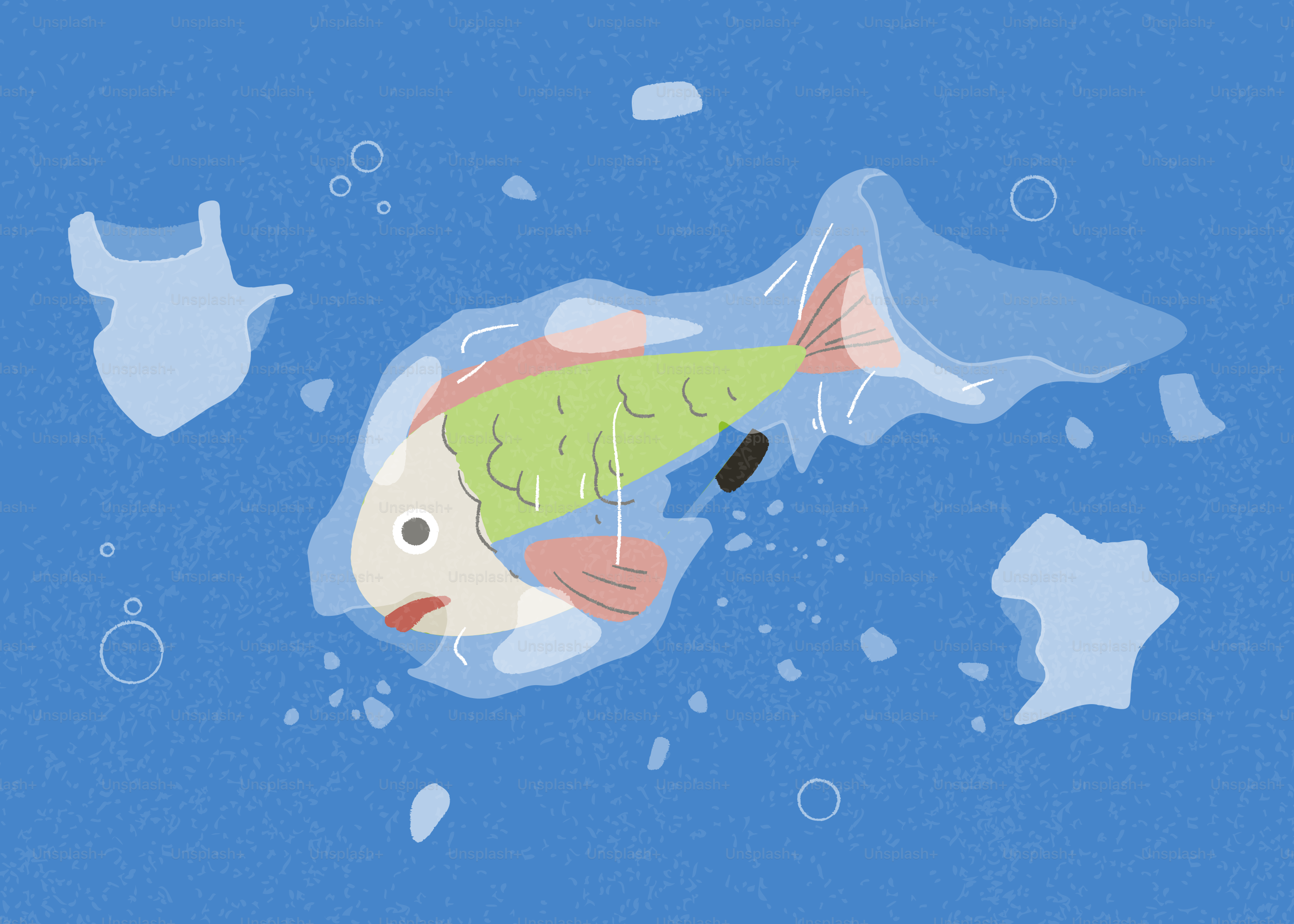 Fish trapped in plastic pollution in water