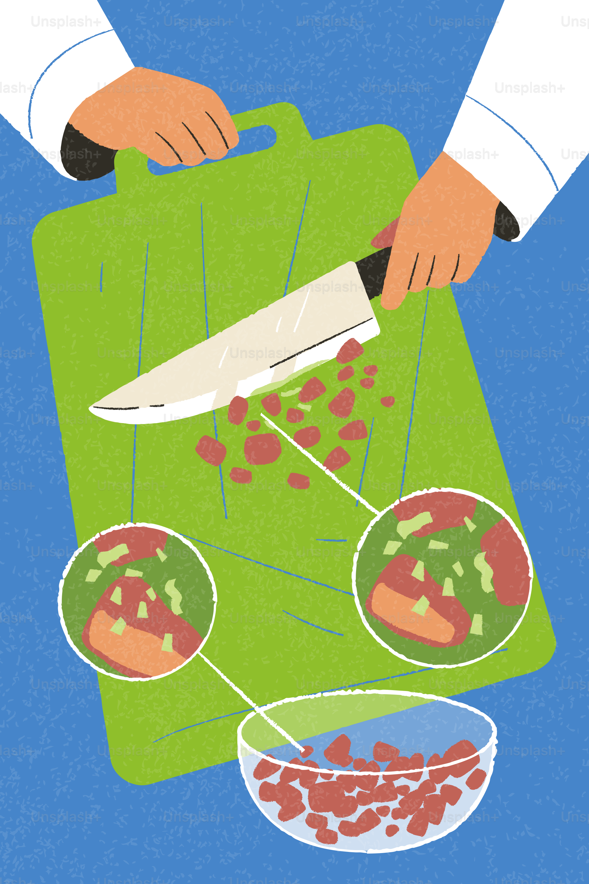 Chef che taglia gli ingredienti su un tagliere verde.