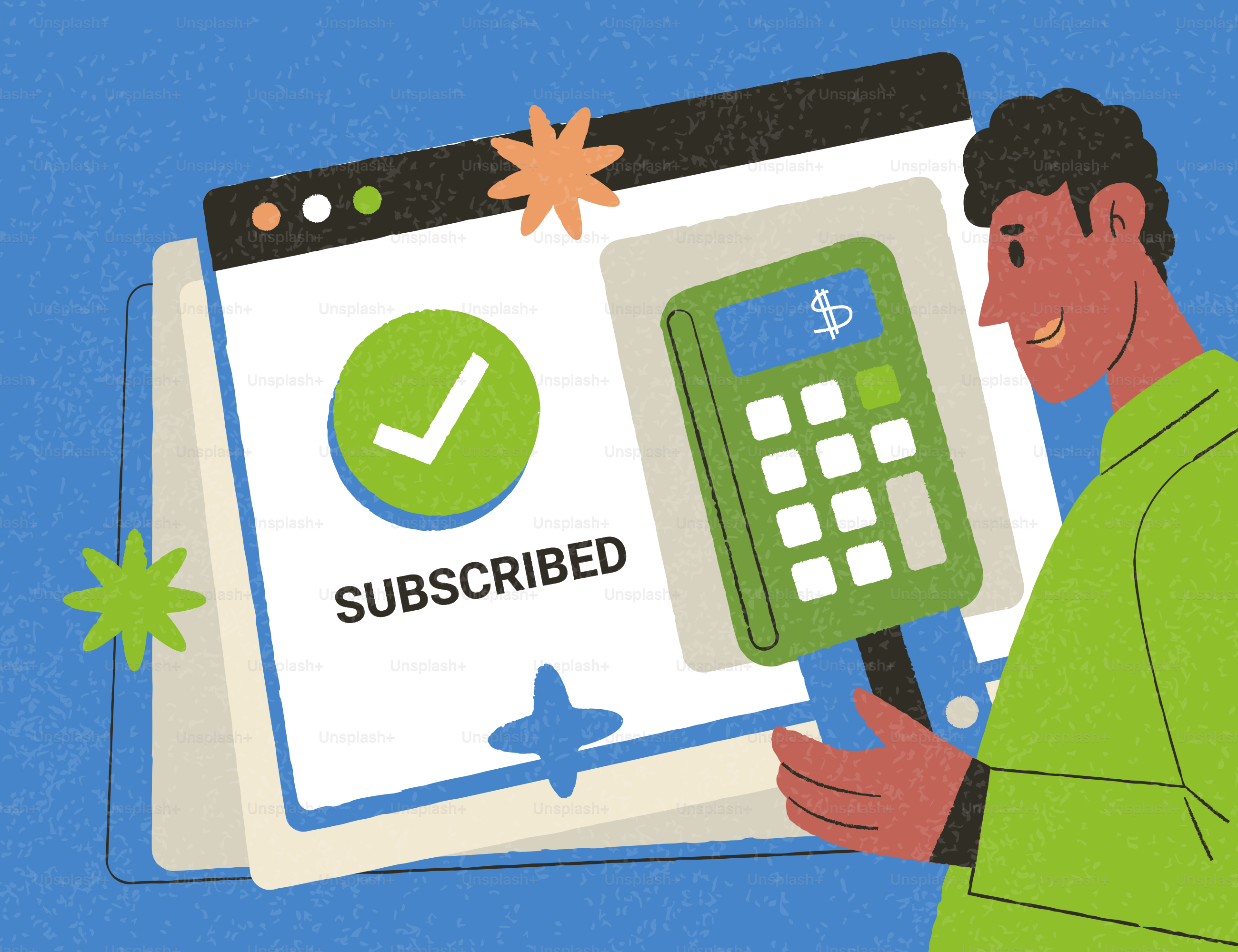 Uomo che guarda uno schermo che mostra la conferma dell'abbonamento.