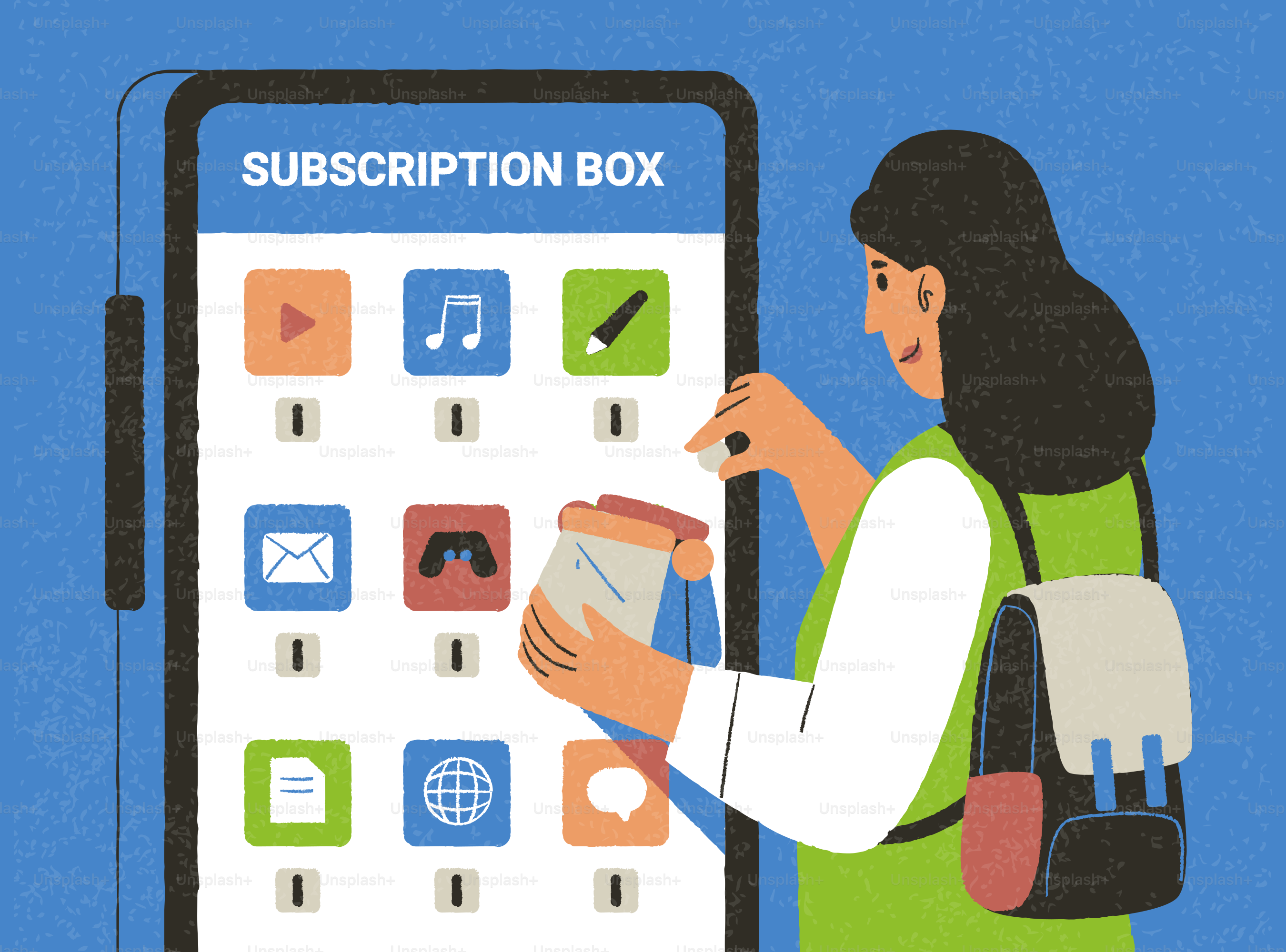 Donna che seleziona articoli da una scatola digitale in abbonamento.