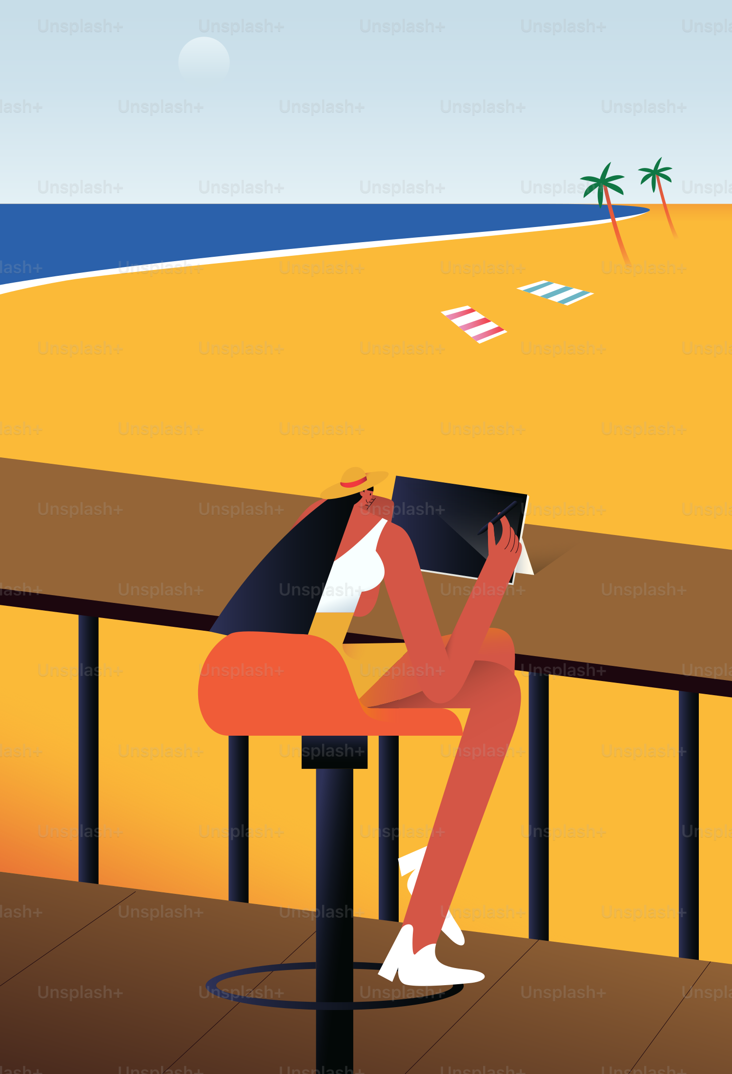 Frau mit Tablet an der Strandbar mit Blick auf das Meer