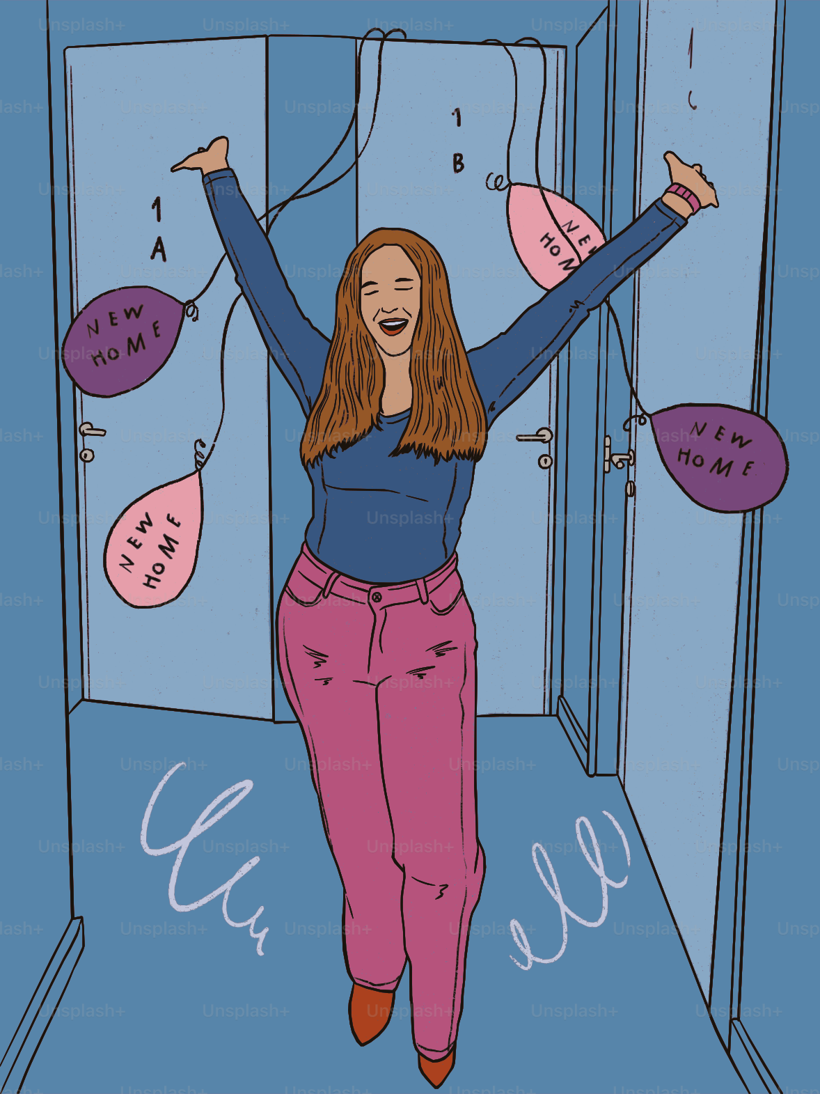 Wanita merayakan di lorong dengan balon rumah baru