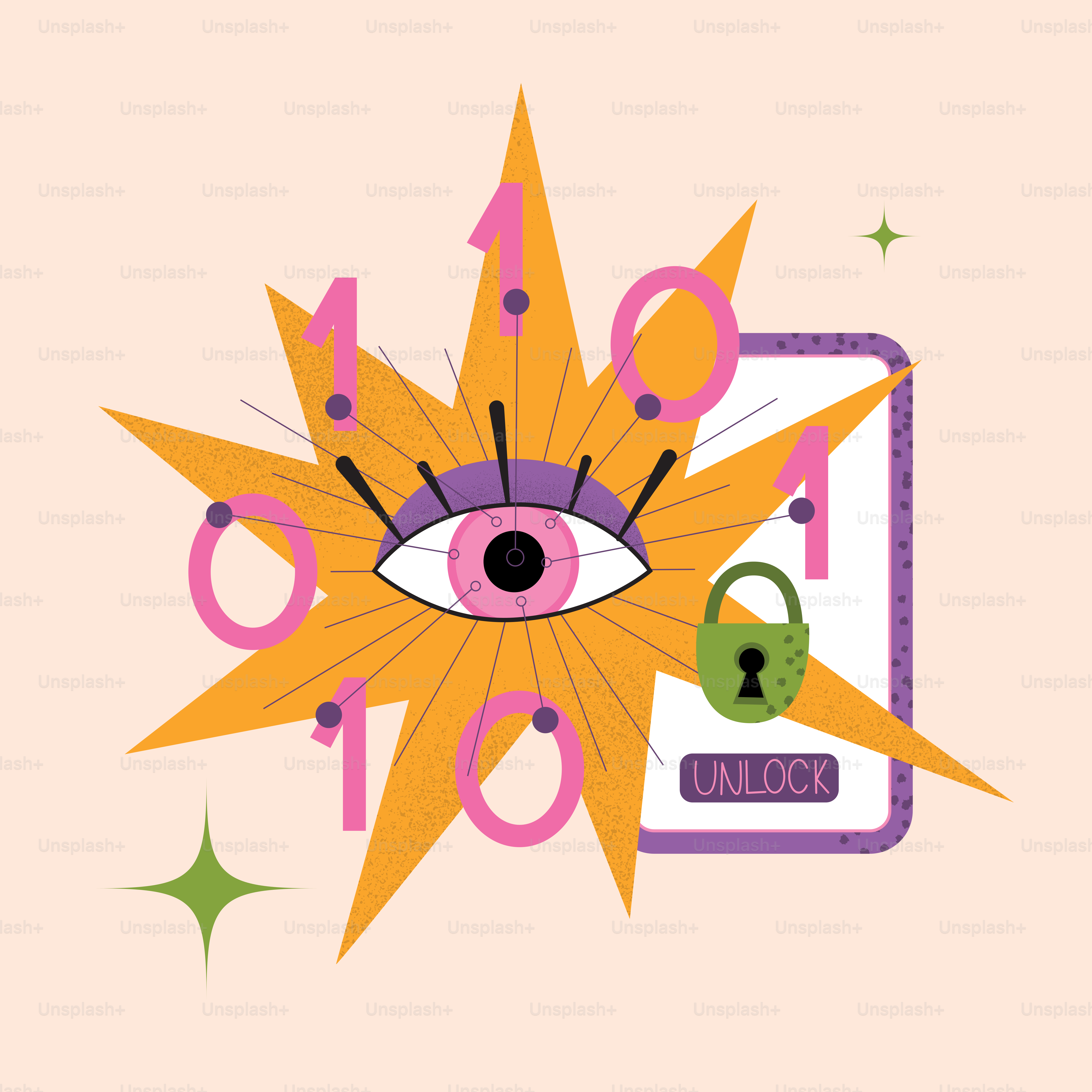 Auge mit Binärcode und Entsperrsymbol auf dem Handy