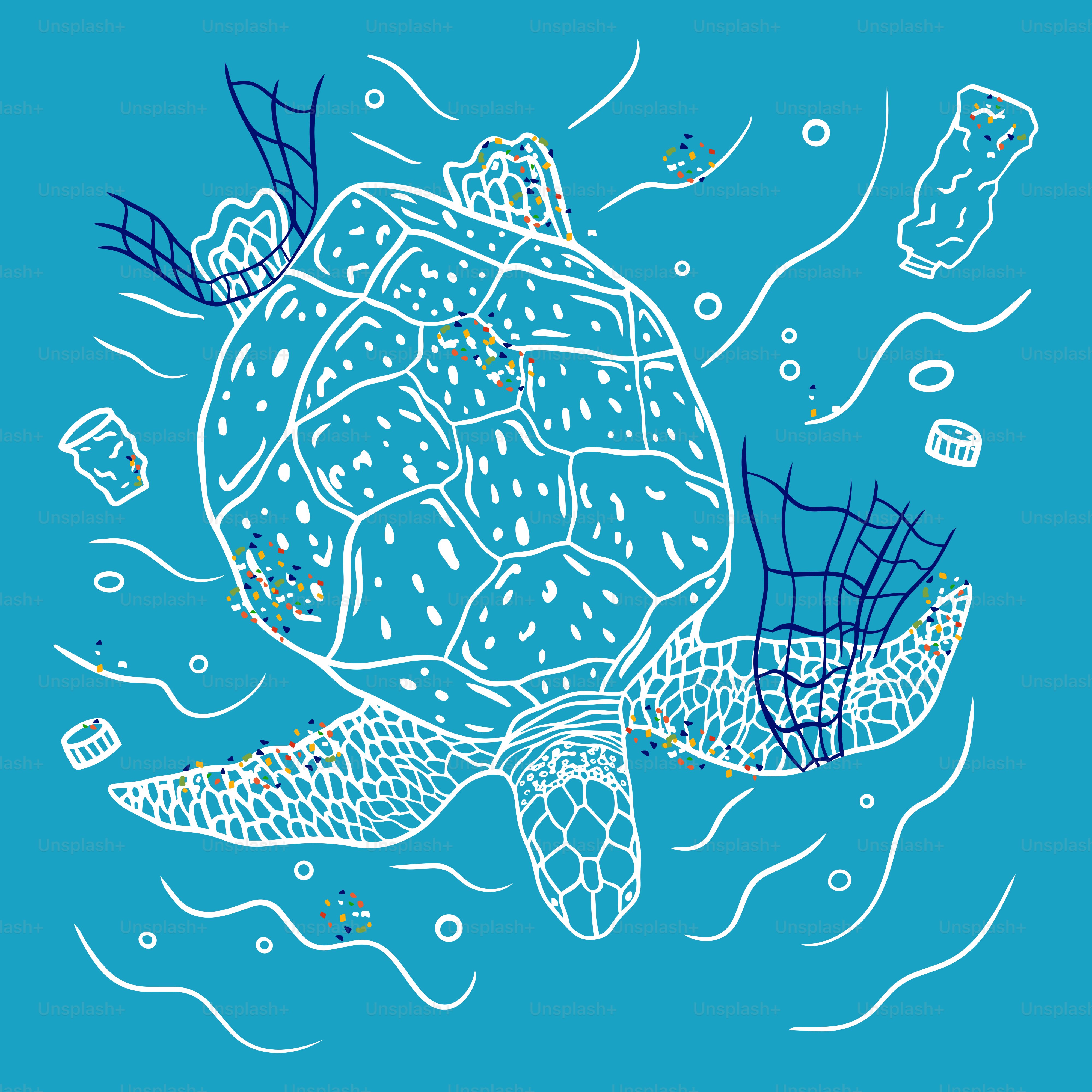 Tortuga marina nada a través de la contaminación plástica oceánica