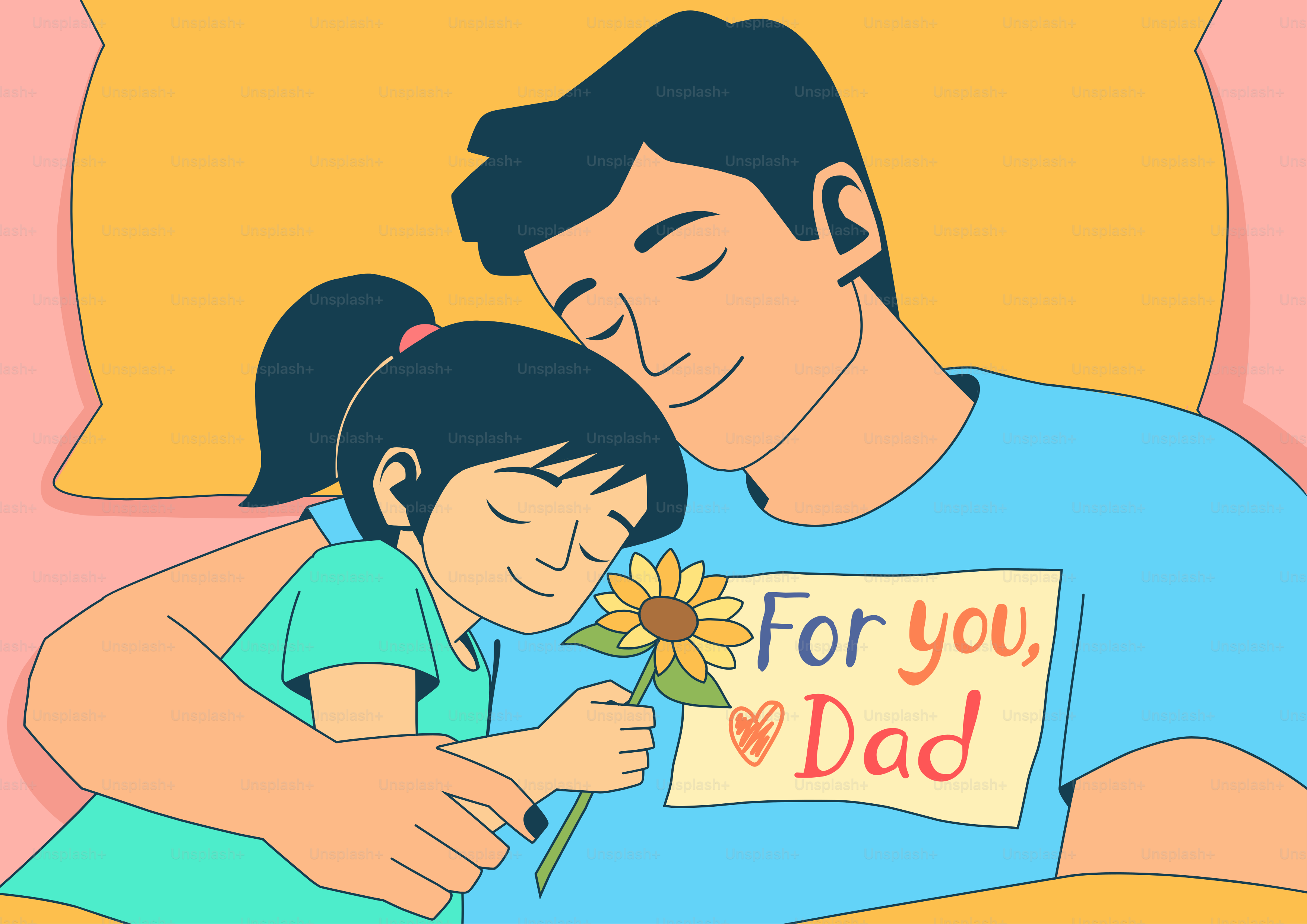 Padre e figlia abbracciati, lei tiene un girasole.
