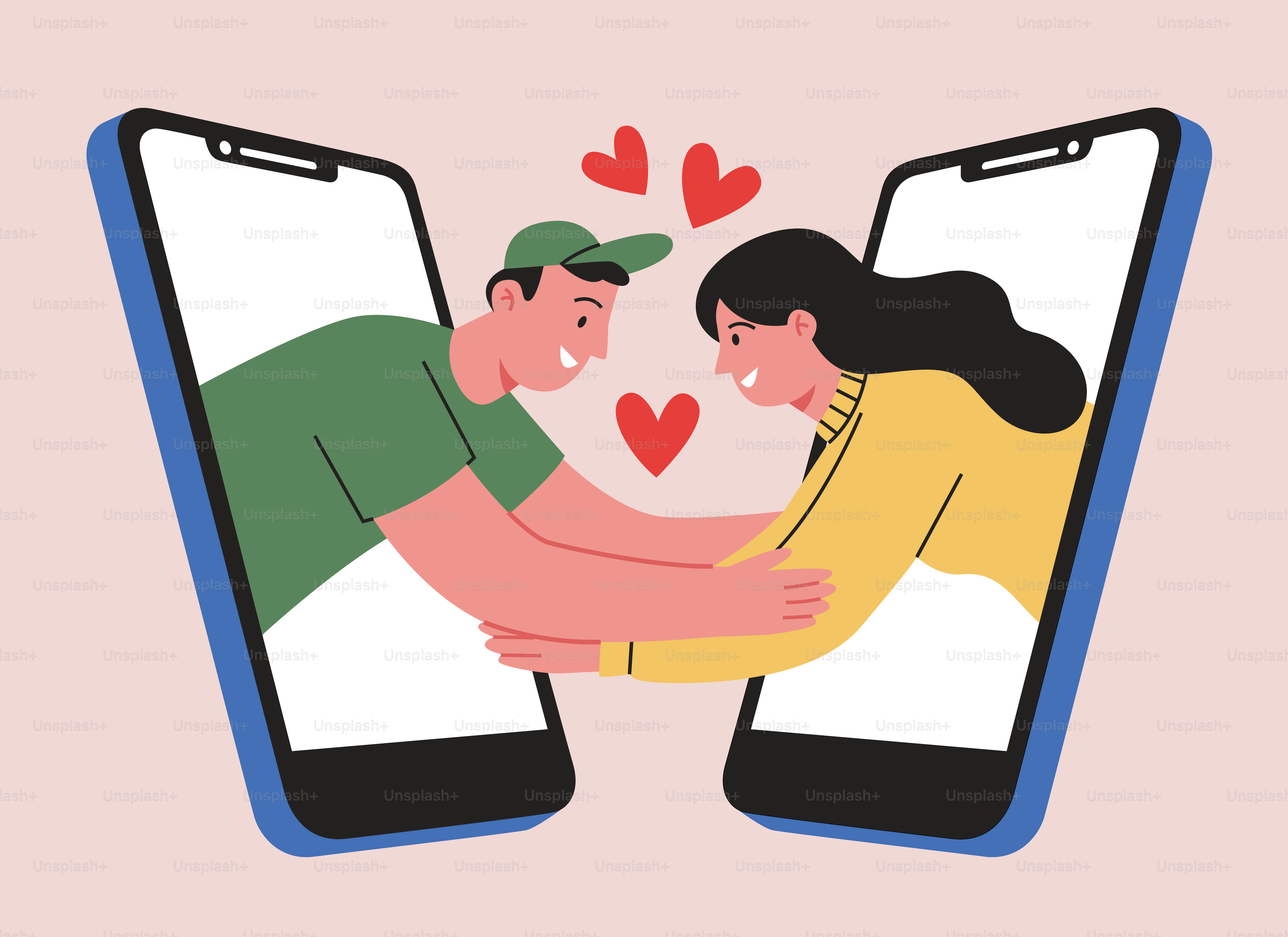 Pasangan berpelukan melalui layar ponsel dengan hati