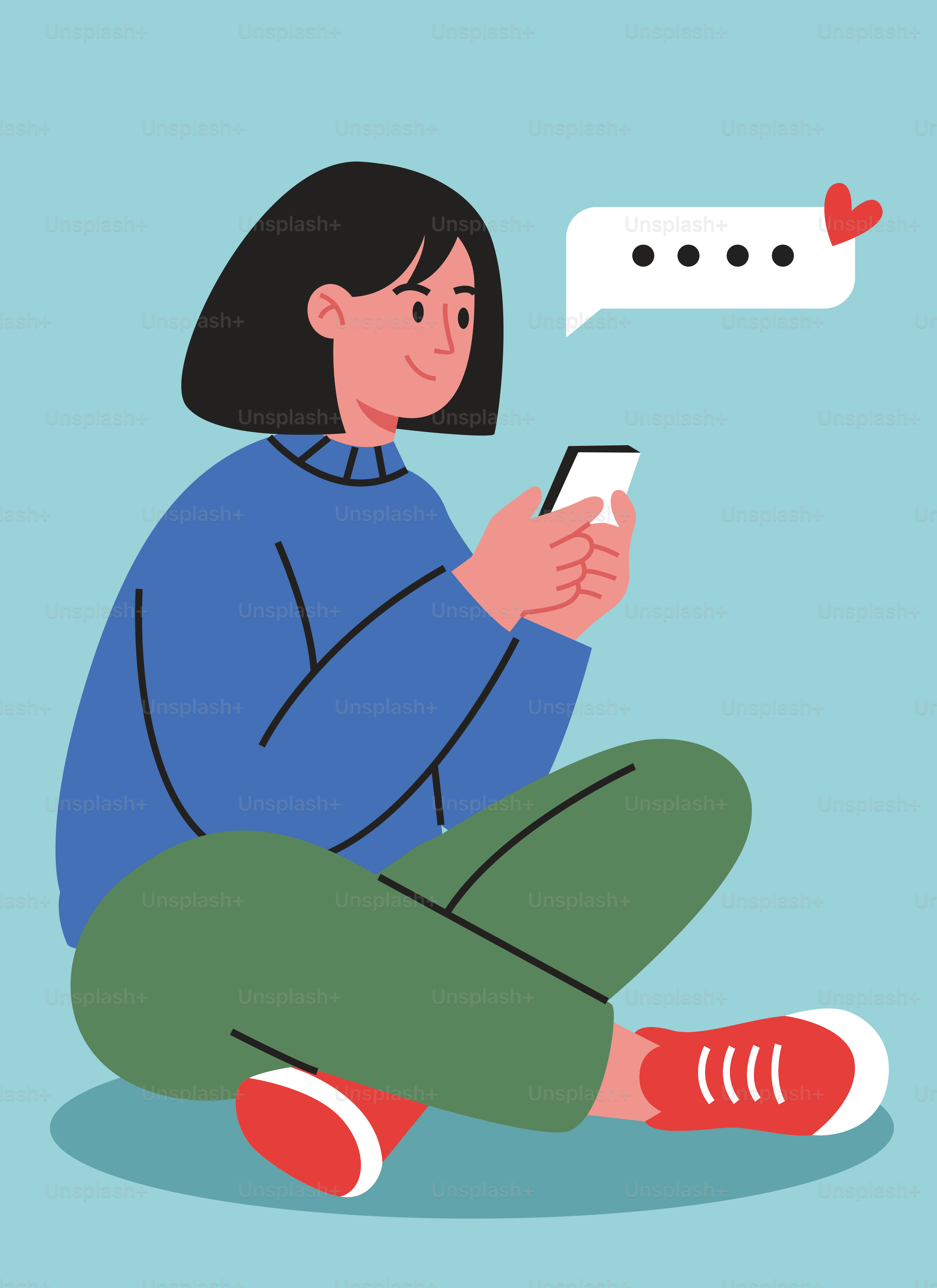 Wanita mengirim SMS di telepon dengan gelembung pesan