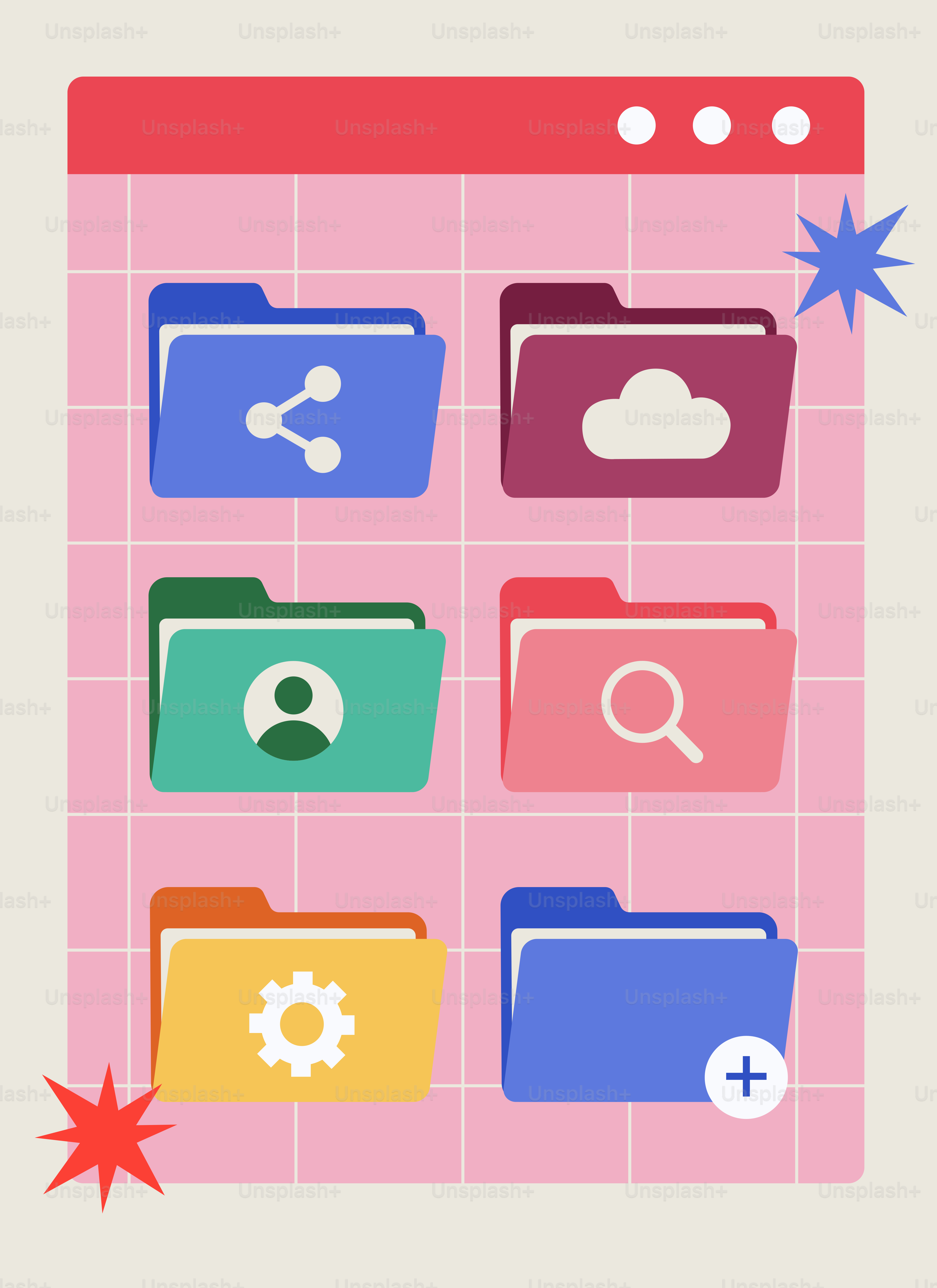 Folder warna-warni dengan ikon pada latar belakang kisi