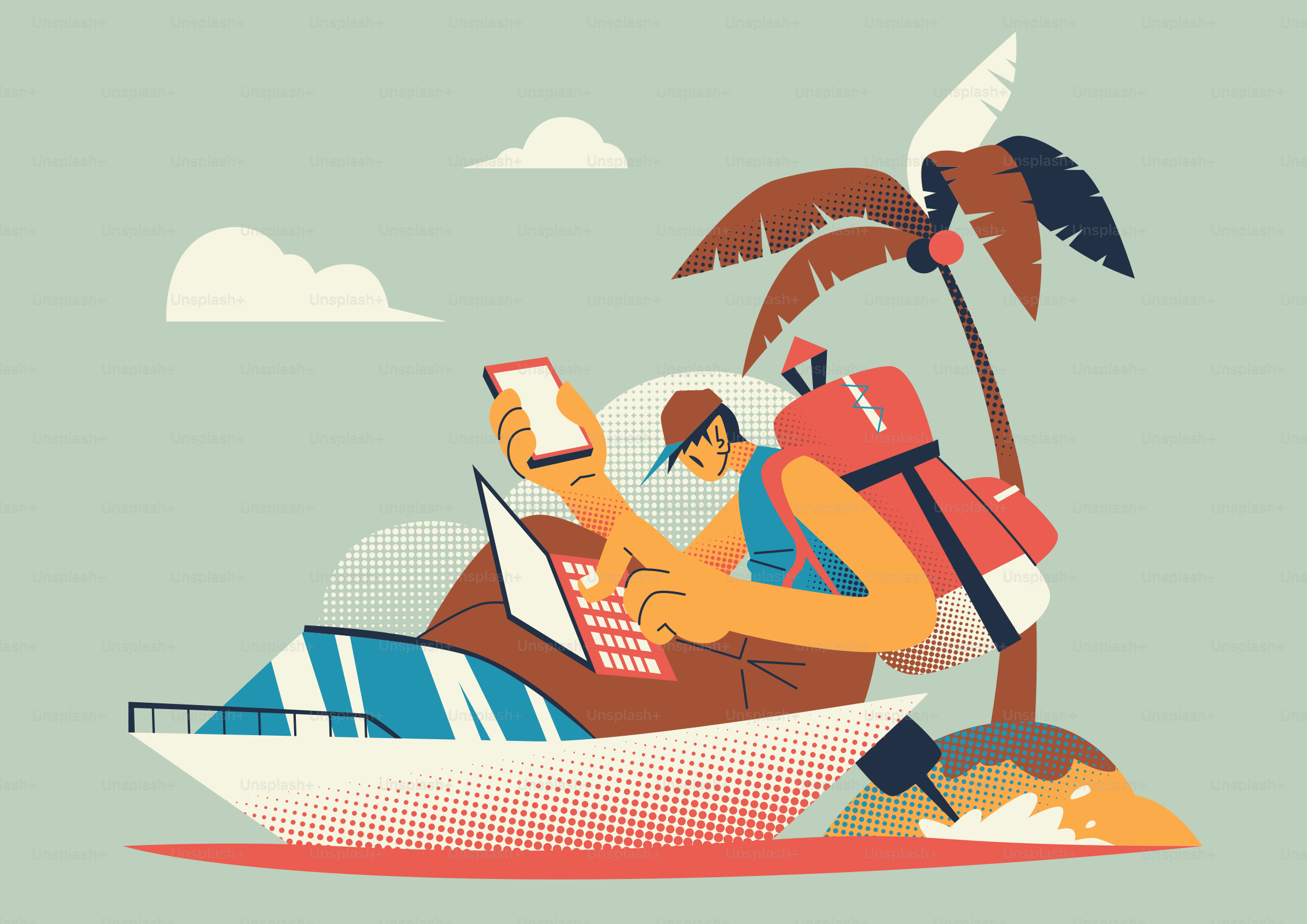 Mann arbeitet am Laptop auf einem Boot nahe der Insel