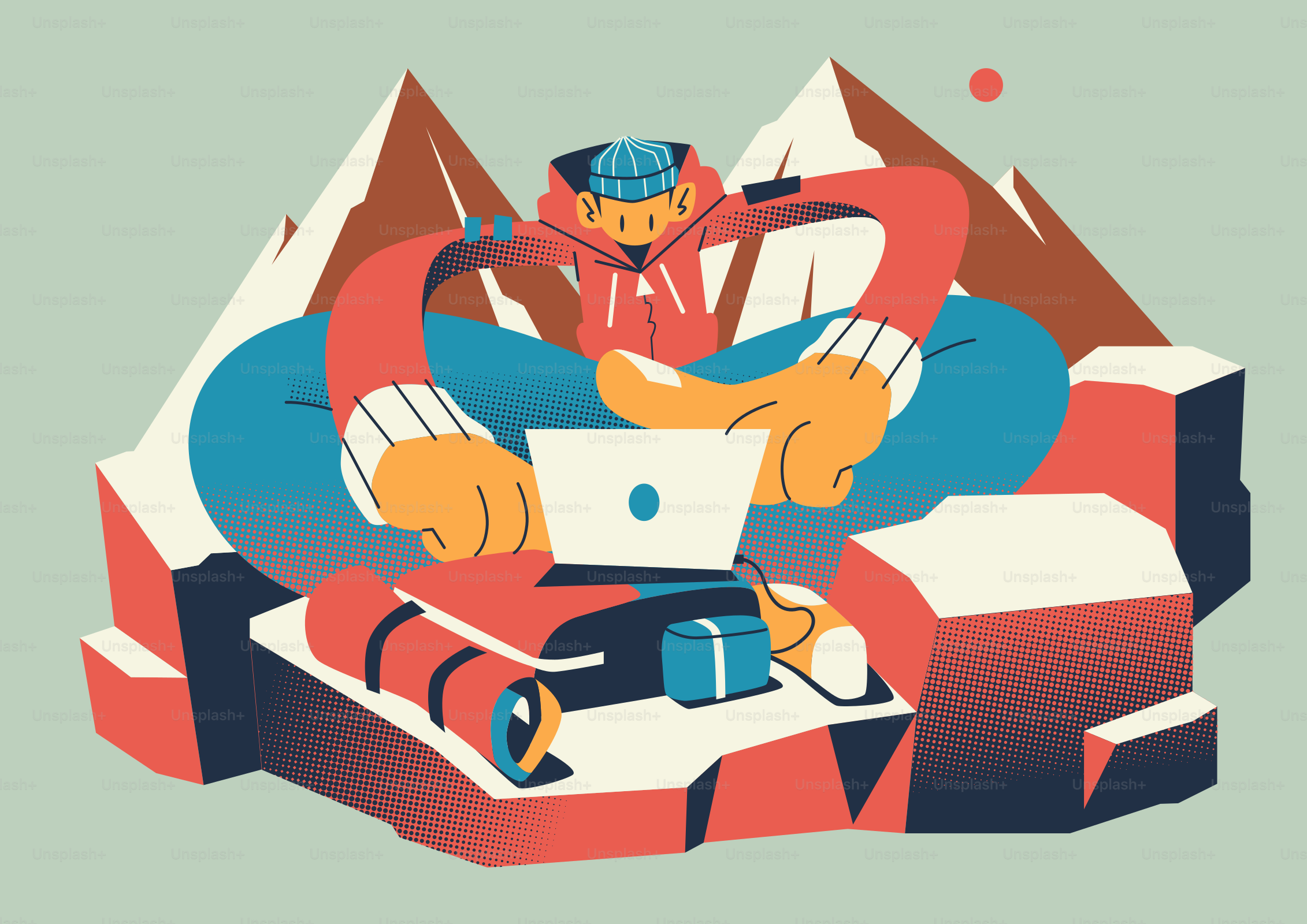 Mann arbeitet am Laptop in verschneiter Berglandschaft.