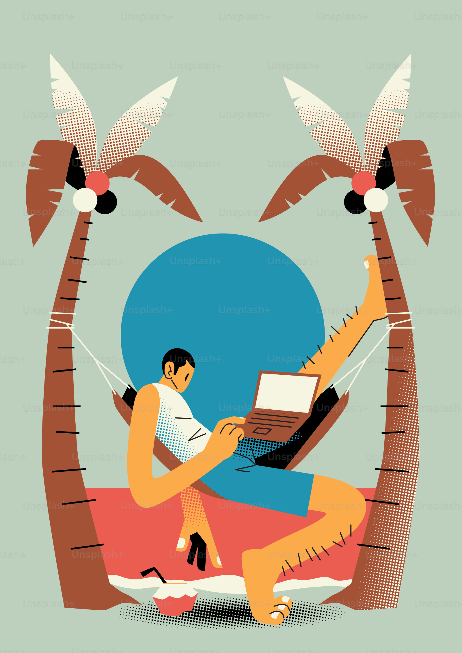 Mann arbeitet am Laptop in einer Hängematte zwischen Palmen.