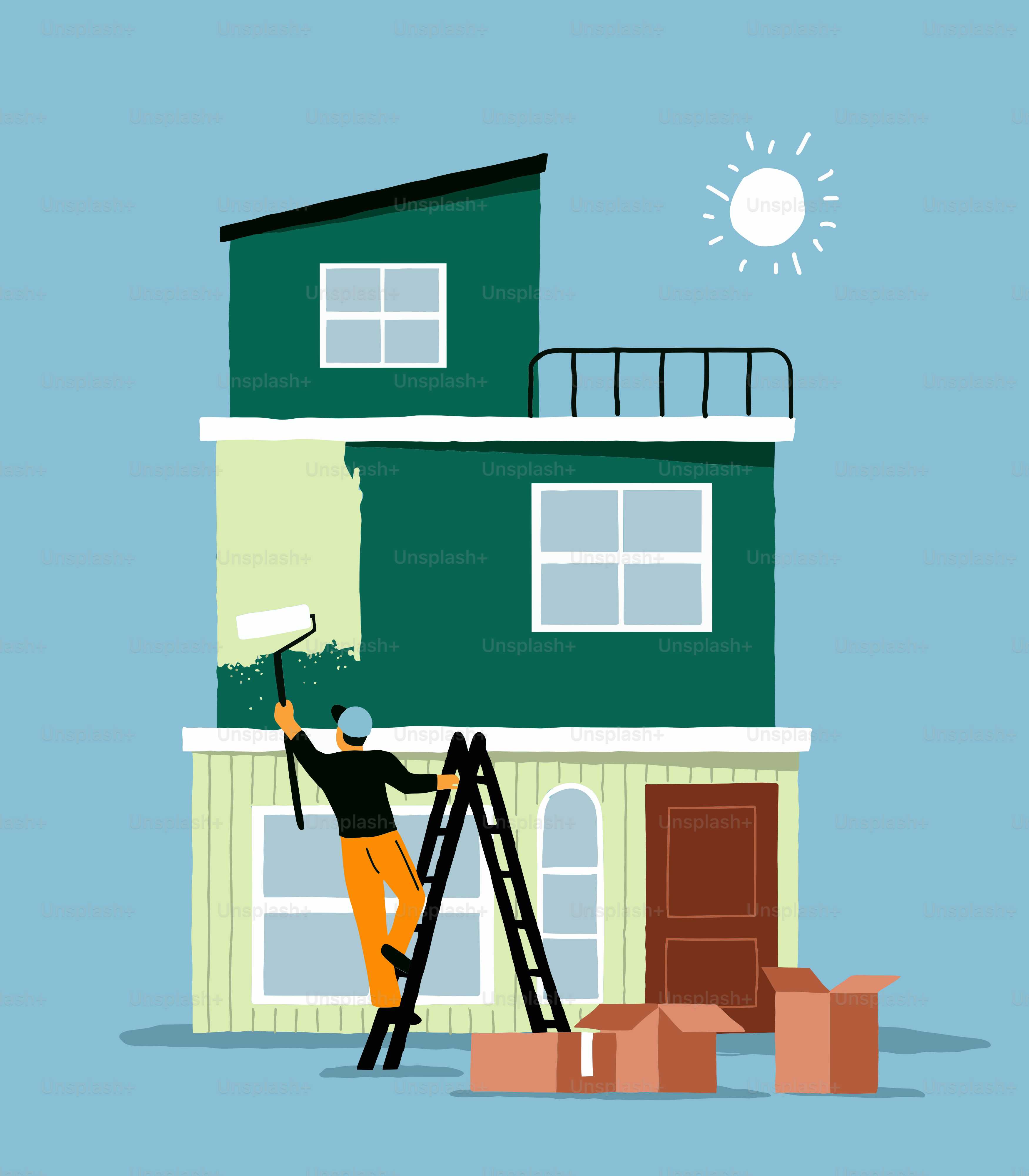 Person painting a tall green and white house.