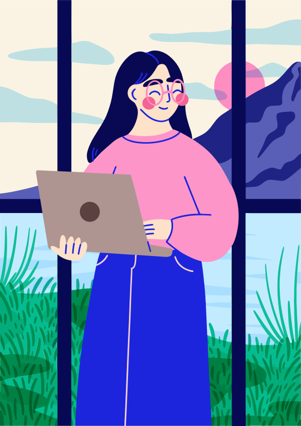 Frau mit Laptop blickt aus dem Fenster auf die Landschaft