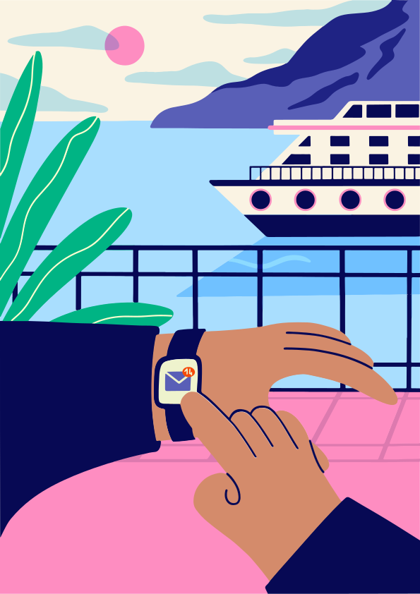Person überprüft die Smartwatch mit Kreuzfahrtschiff im Hintergrund