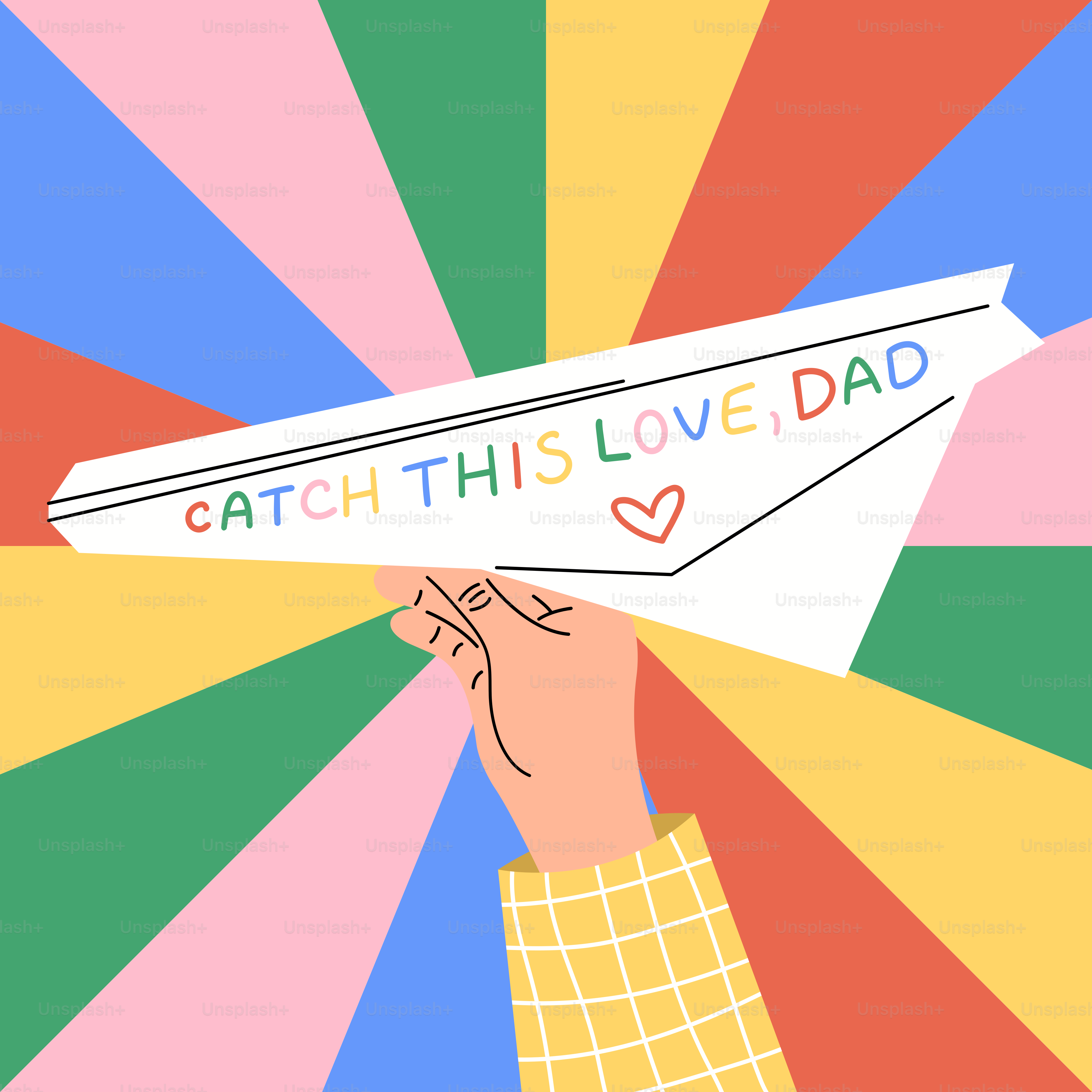 Agarrando un avión de papel con un texto "atrapa esto, papá"