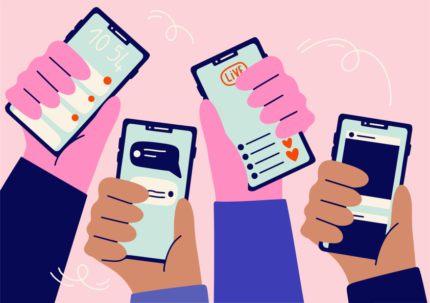 Hands holding smartphones with various app interfaces.