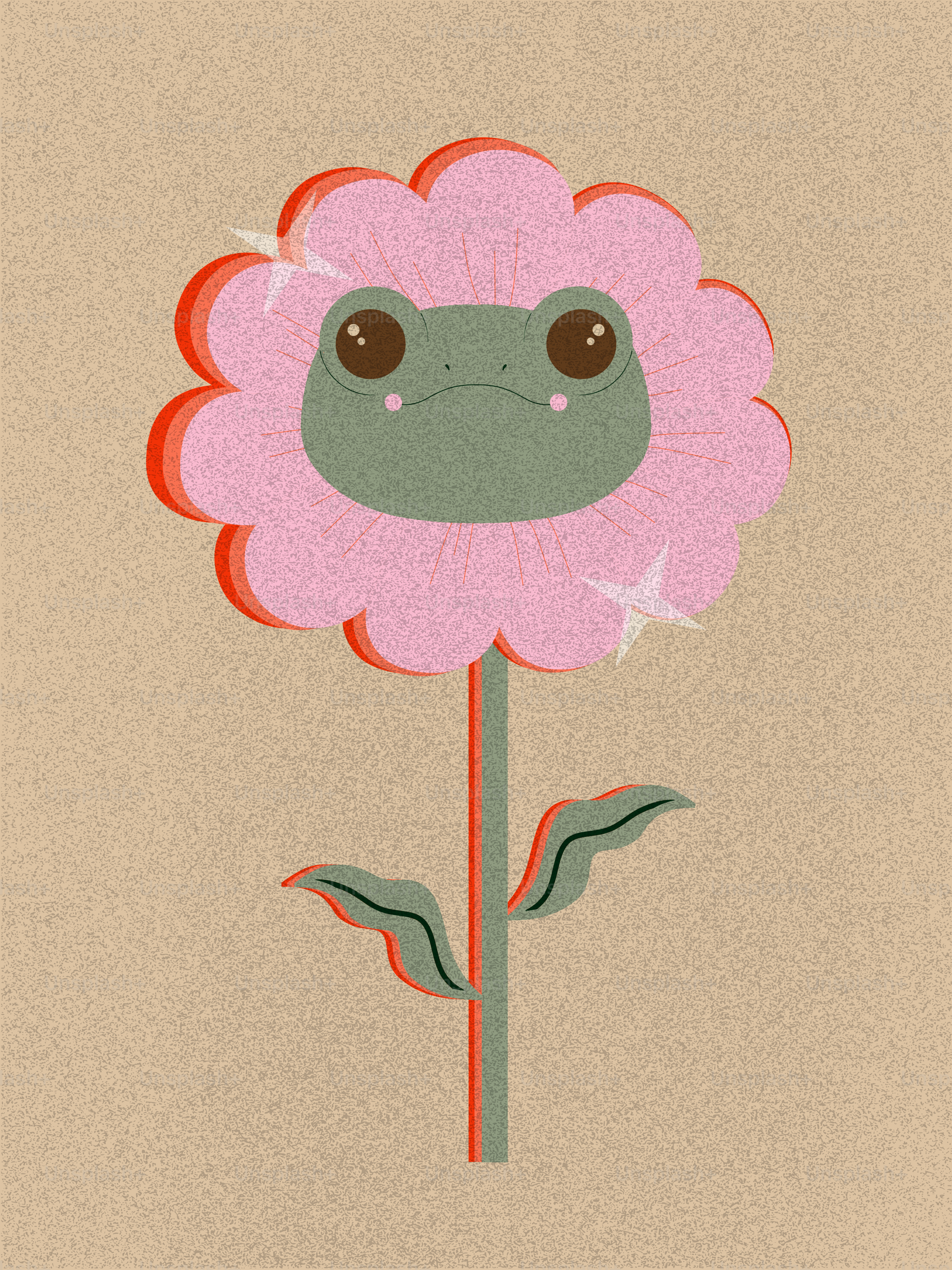 茎に乗ったピンクの花の中のカエルの顔。