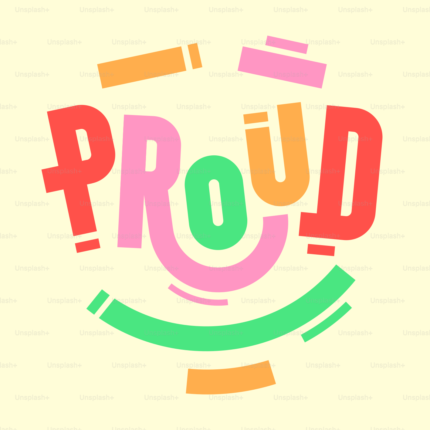 Colorful text spelling out the word "proud"
