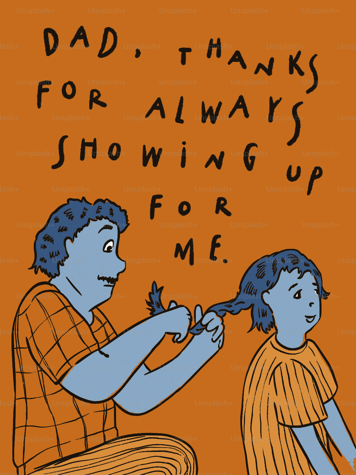 Papá corta el pelo de los niños con tijeras sobre fondo naranja.