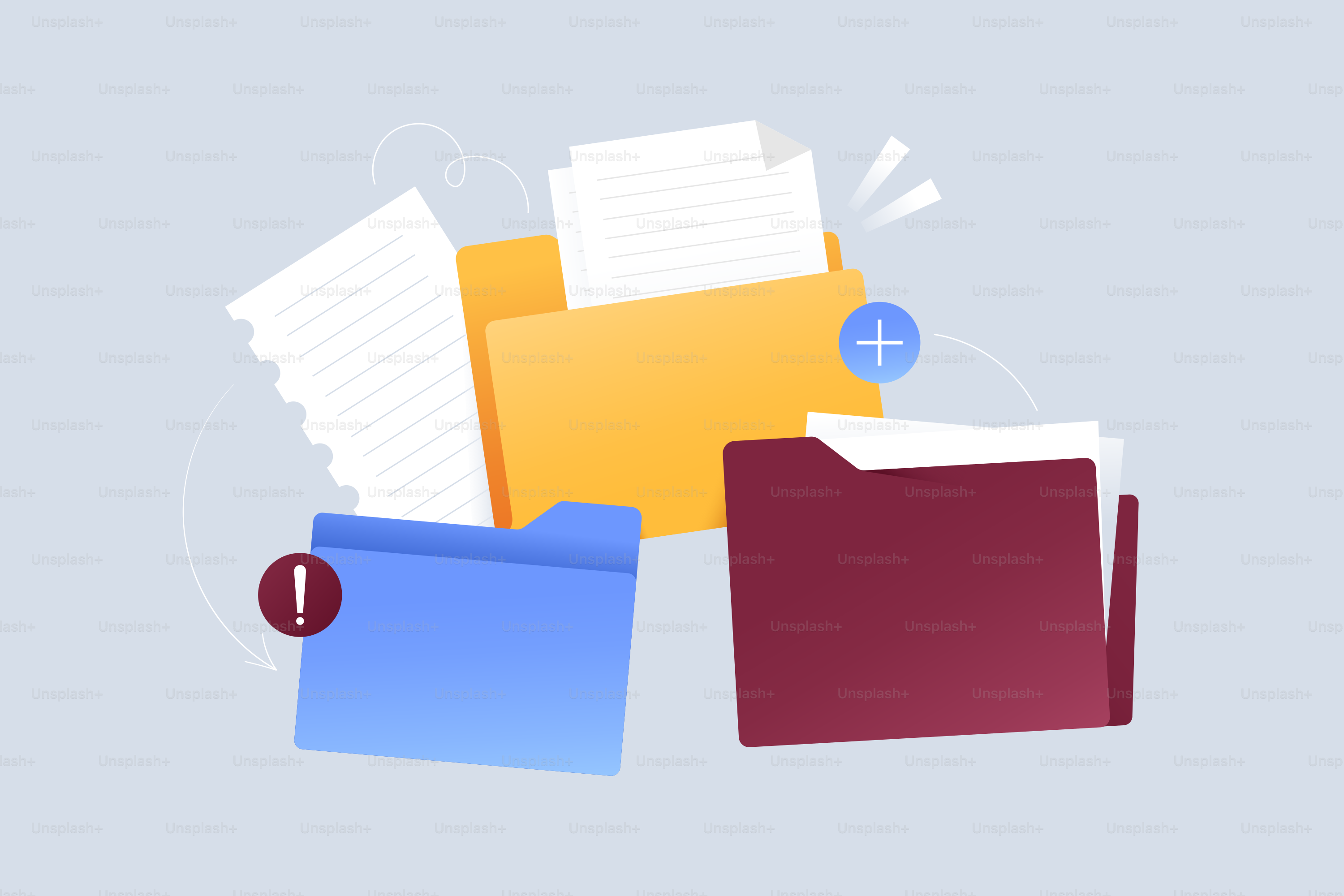 Folders with documents and notification icons