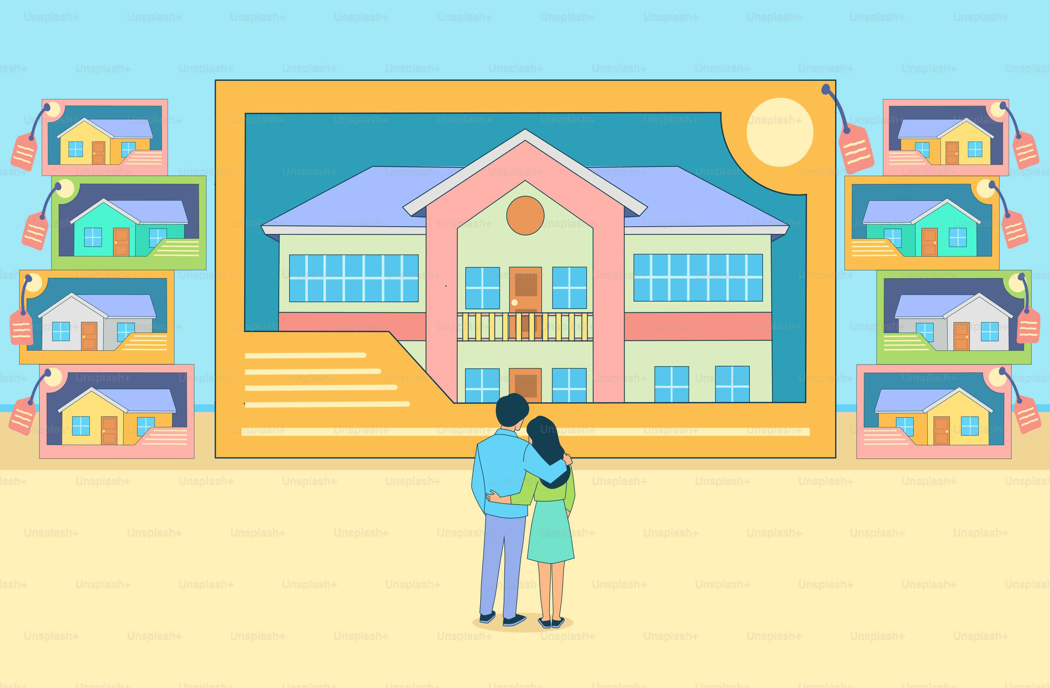Couple looking at a large house displayed on screen.