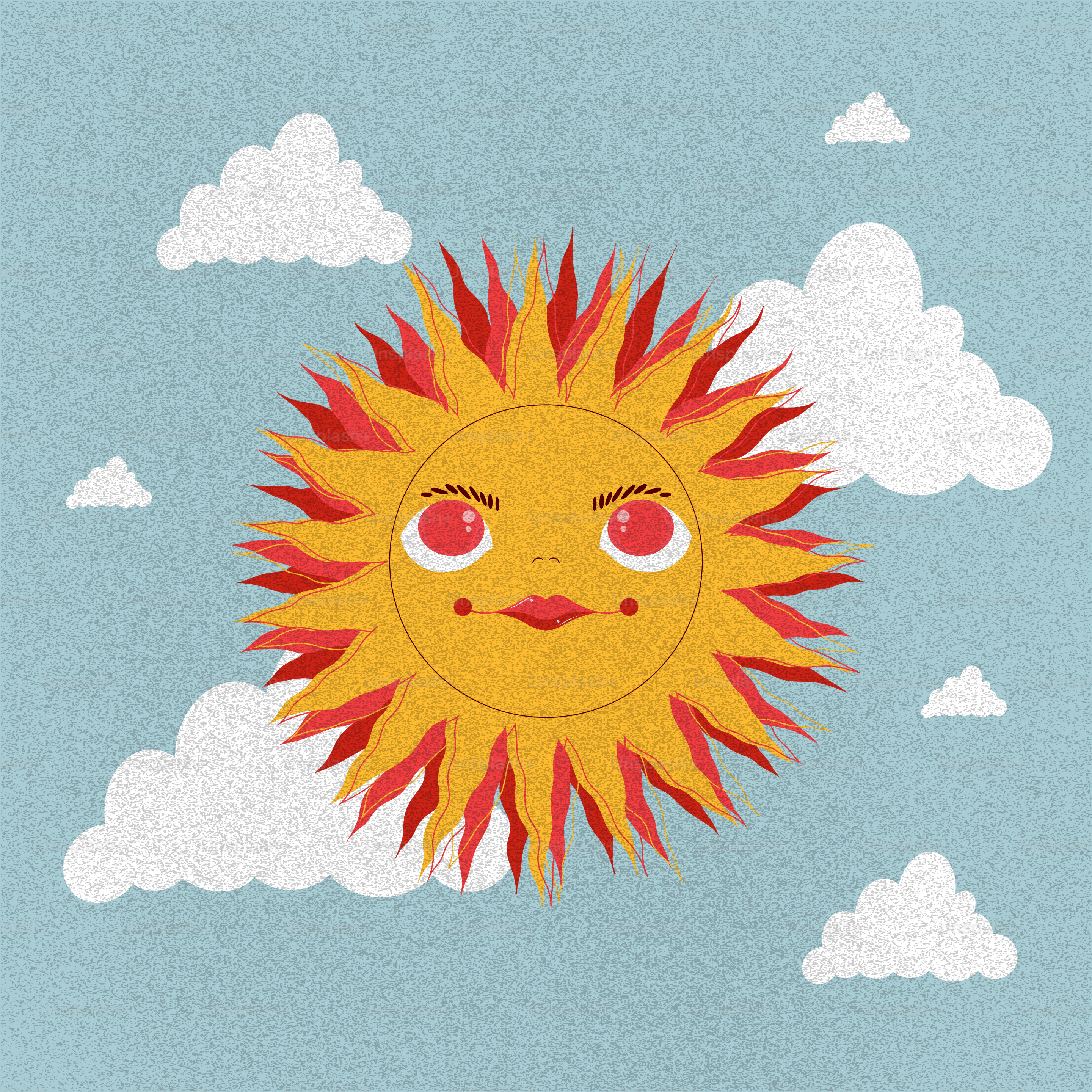 A cartoon sun with a face in the sky.