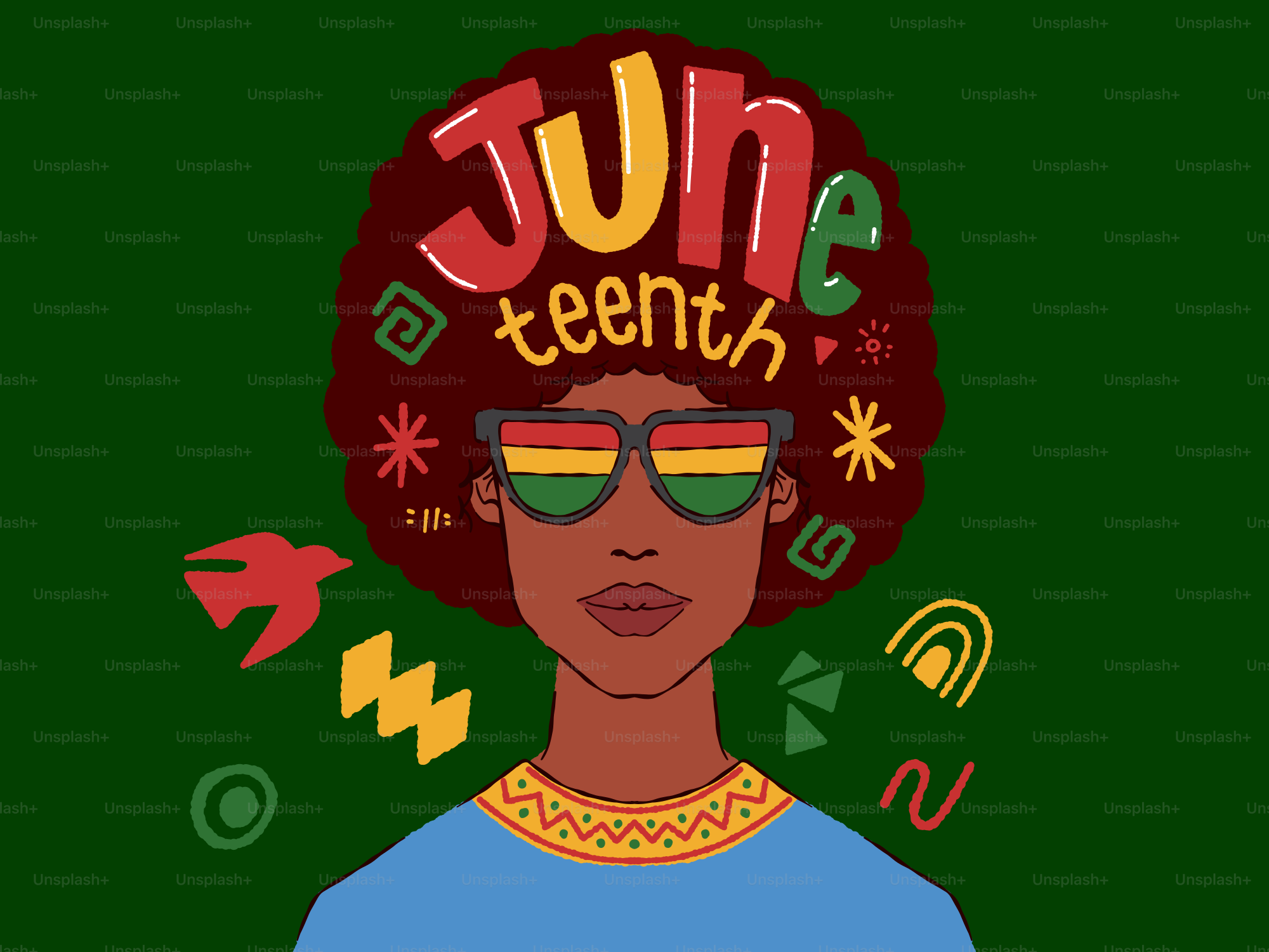 Celebración del Juneteenth con mujer afroamericana usando gafas de sol