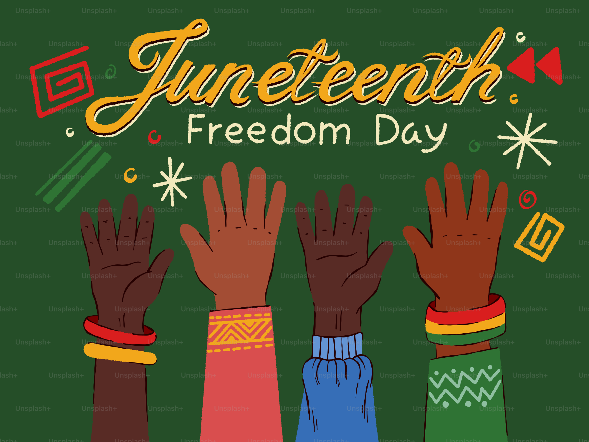 Día de la libertad de Juneteenth con manos diversas levantadas