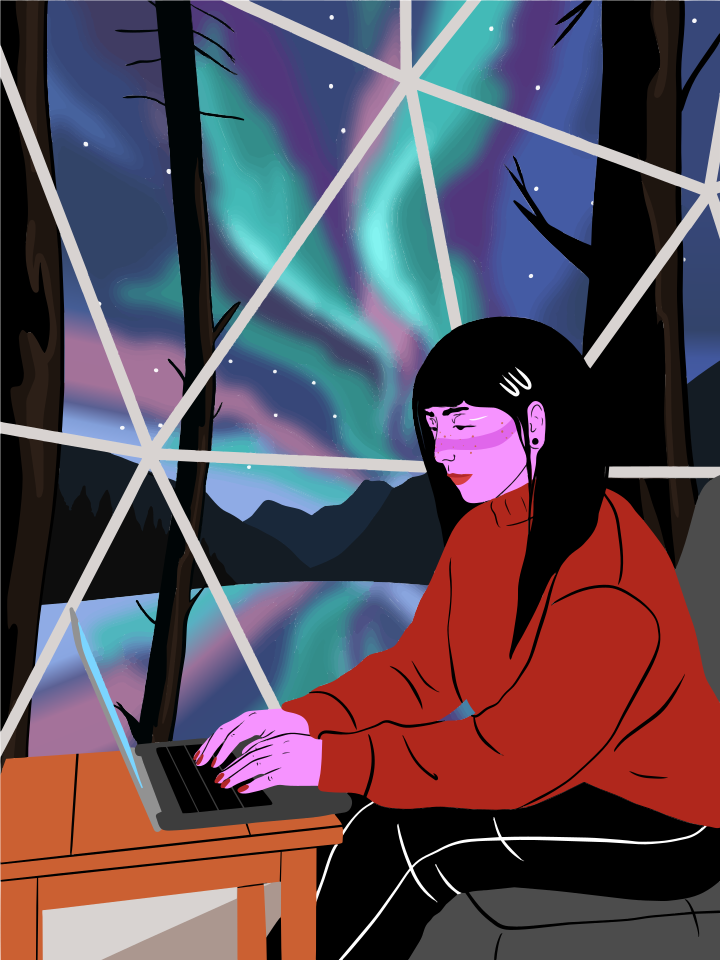 Mulher trabalhando em um laptop sob aurora boreal