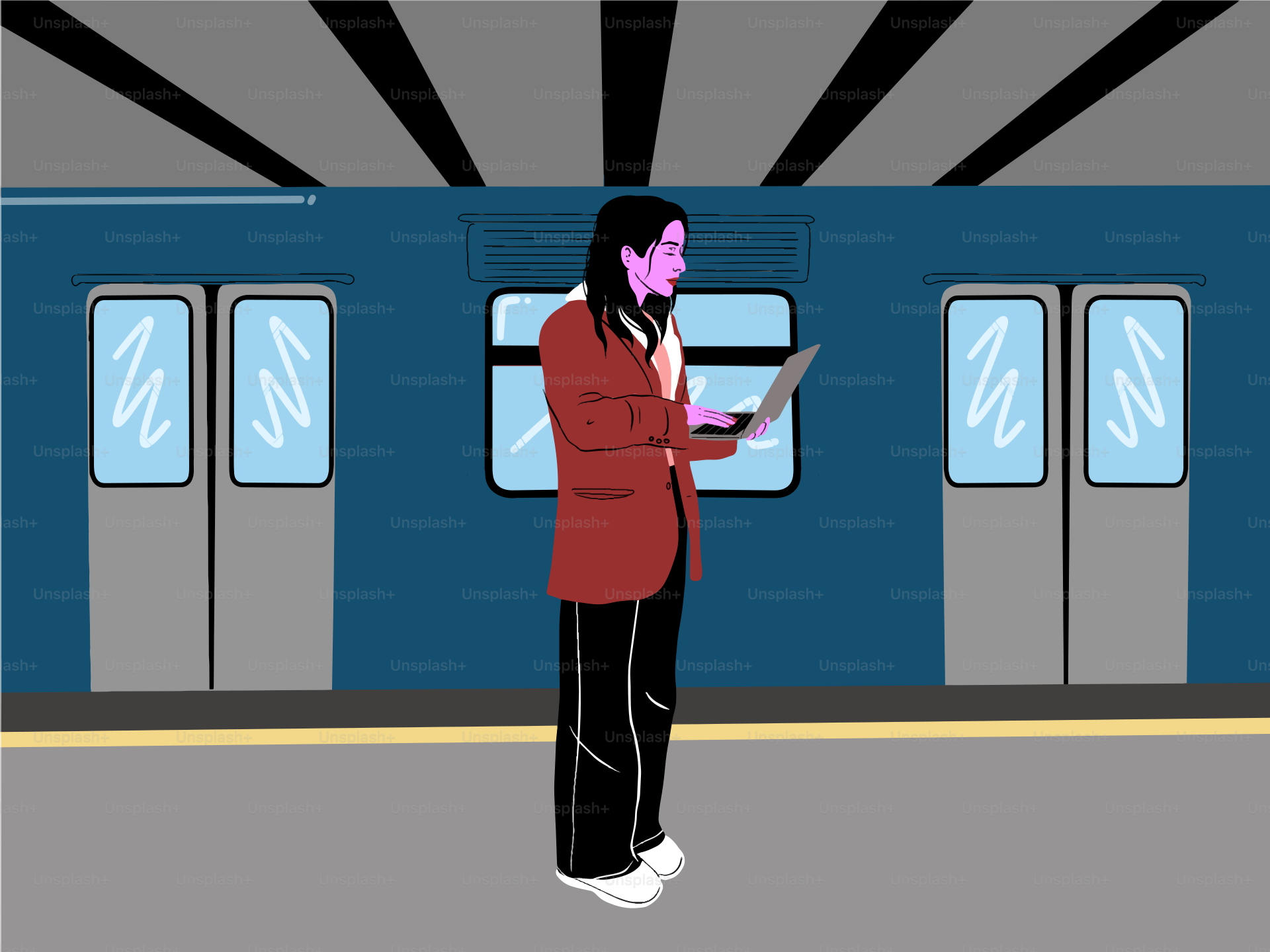 Mulher com laptop na plataforma da estação de metrô.