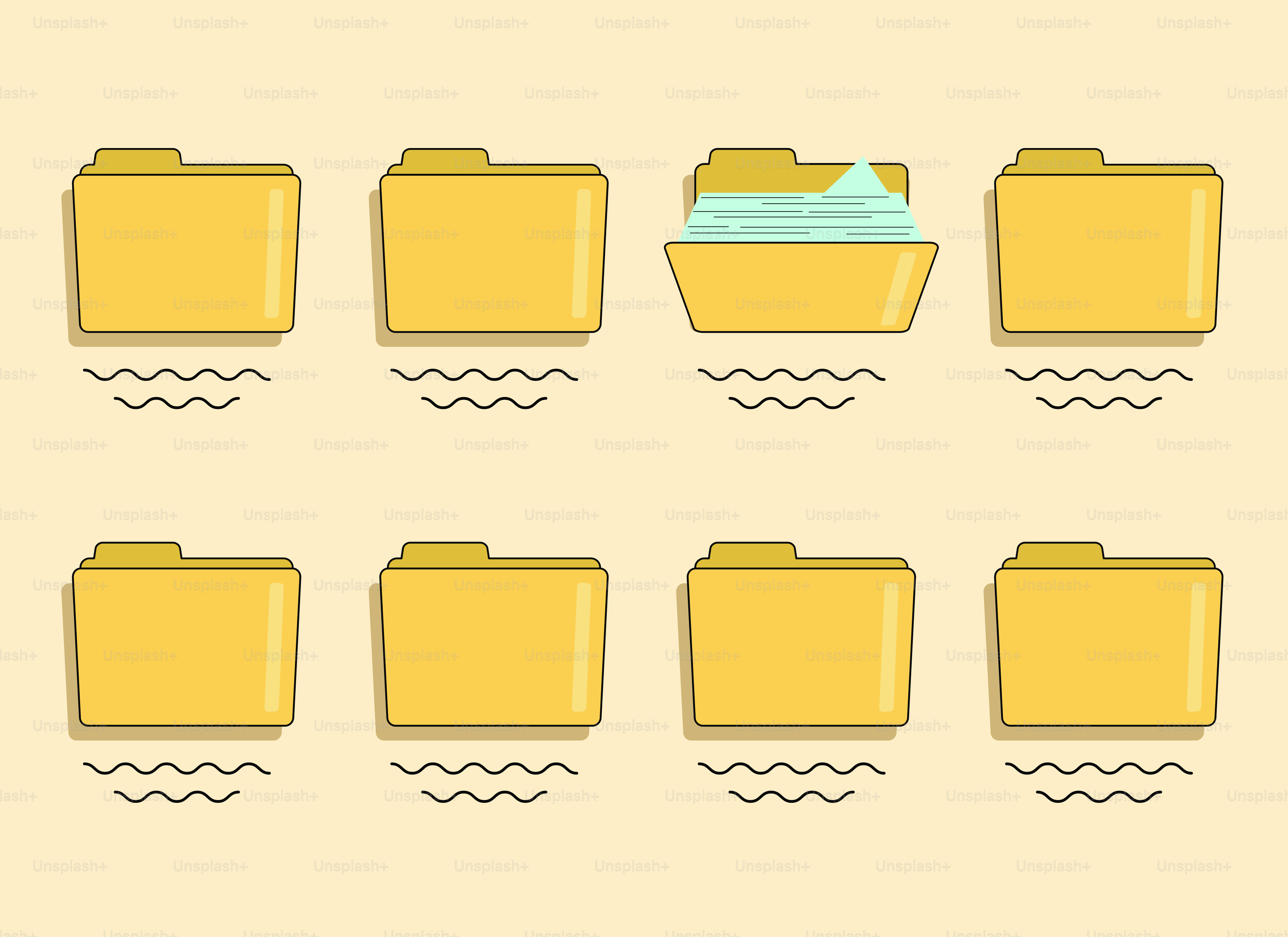Coleção de pastas amarelas sobre fundo claro