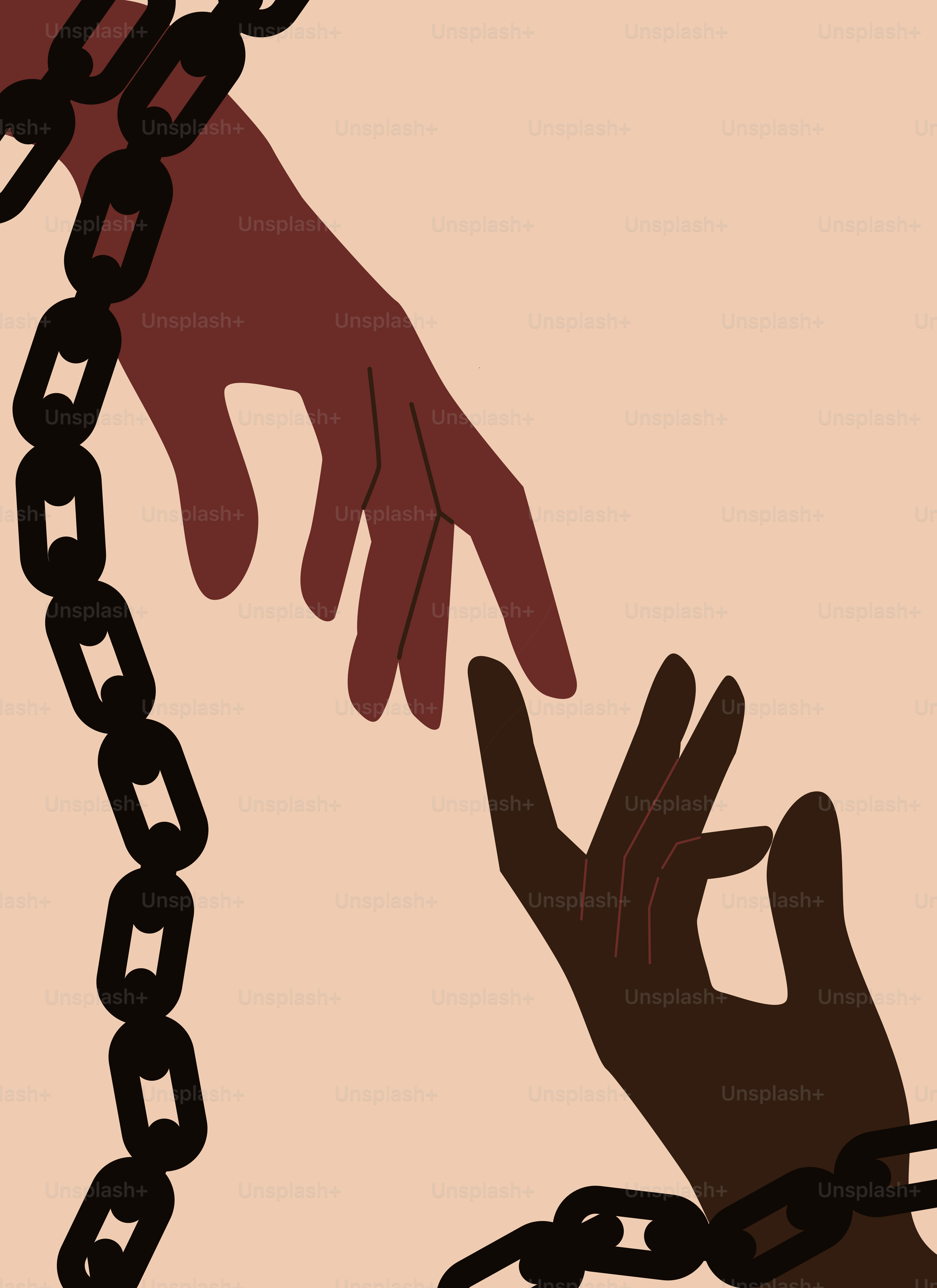 Two hands reaching through broken chains