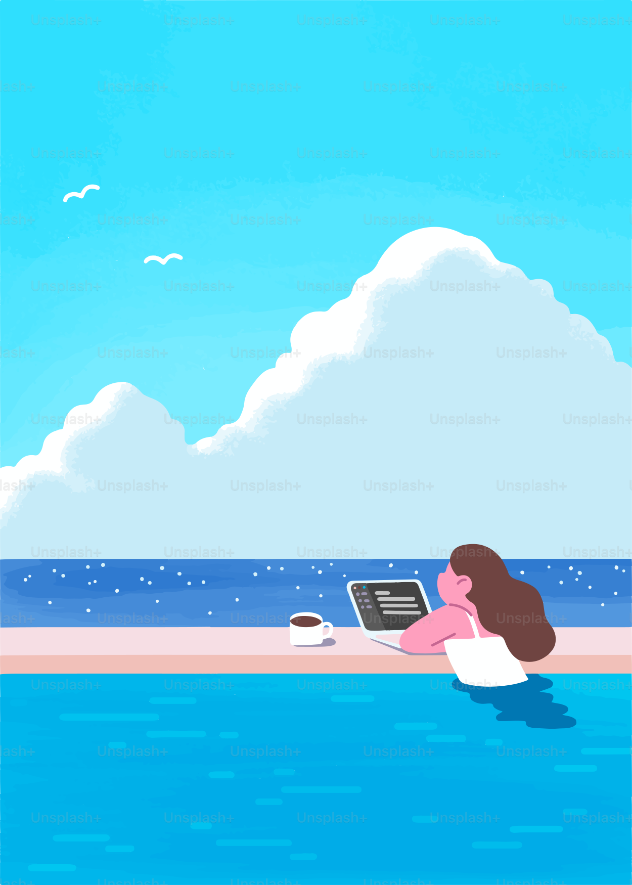 Mujer trabajando en un portátil junto al mar con café.