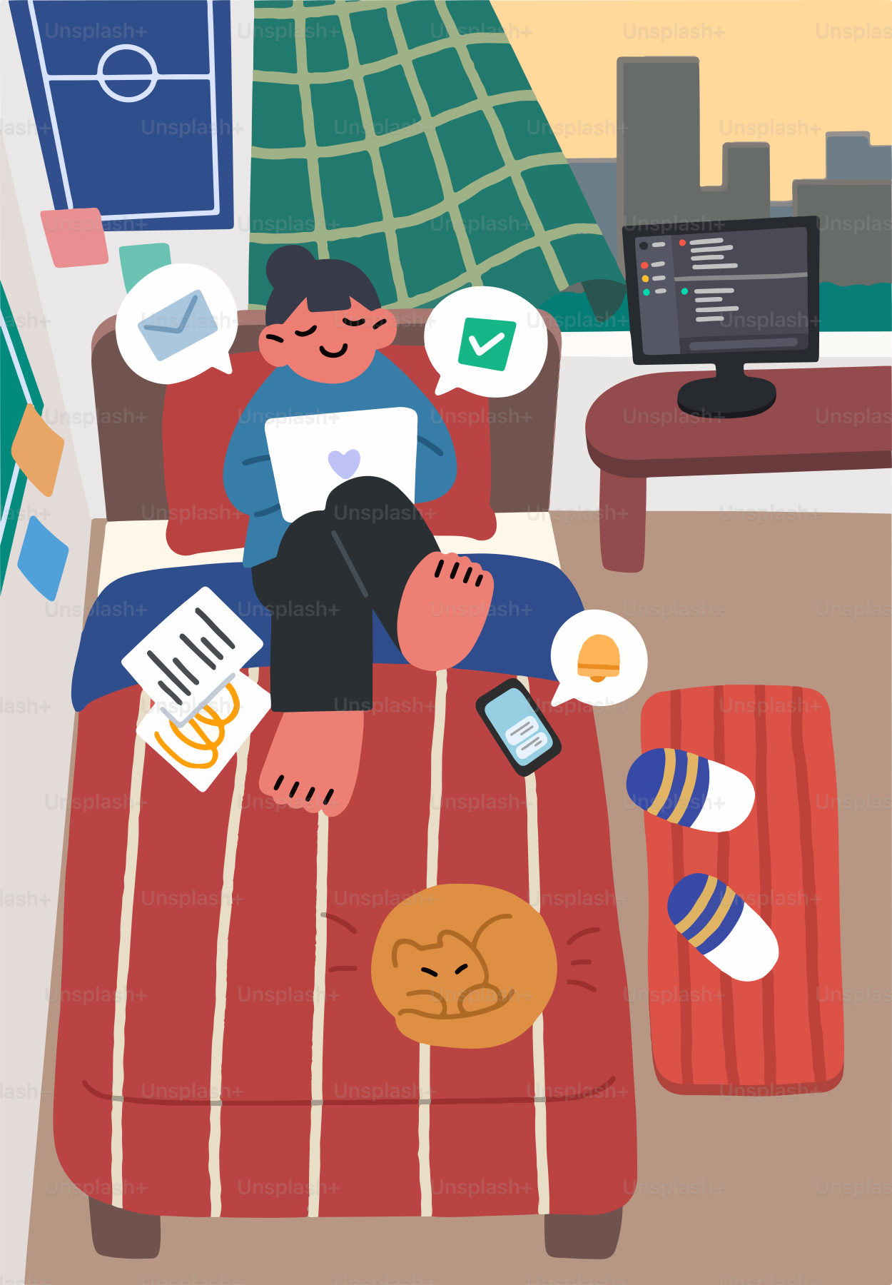 Persona trabajando en el portátil en la cama con gato.