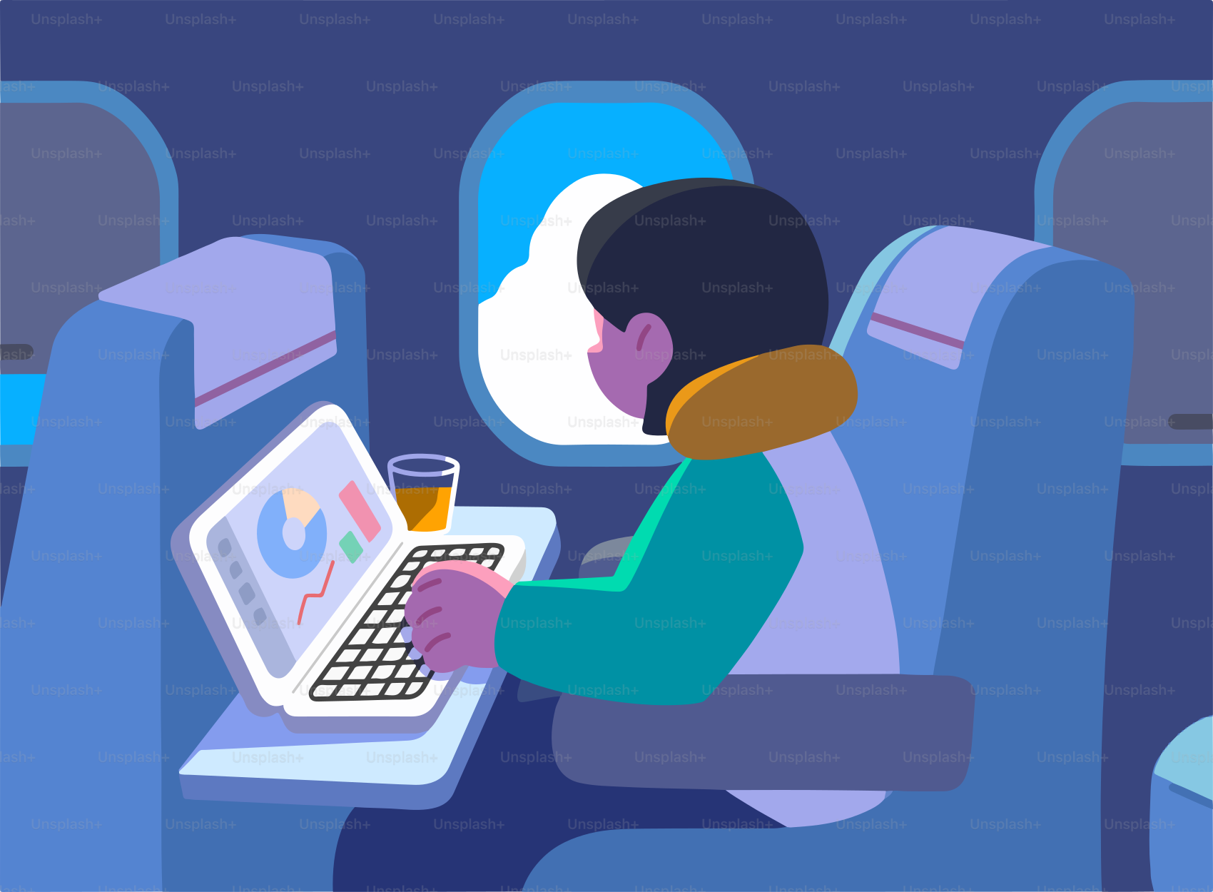 Persona trabajando en un portátil dentro de un avión